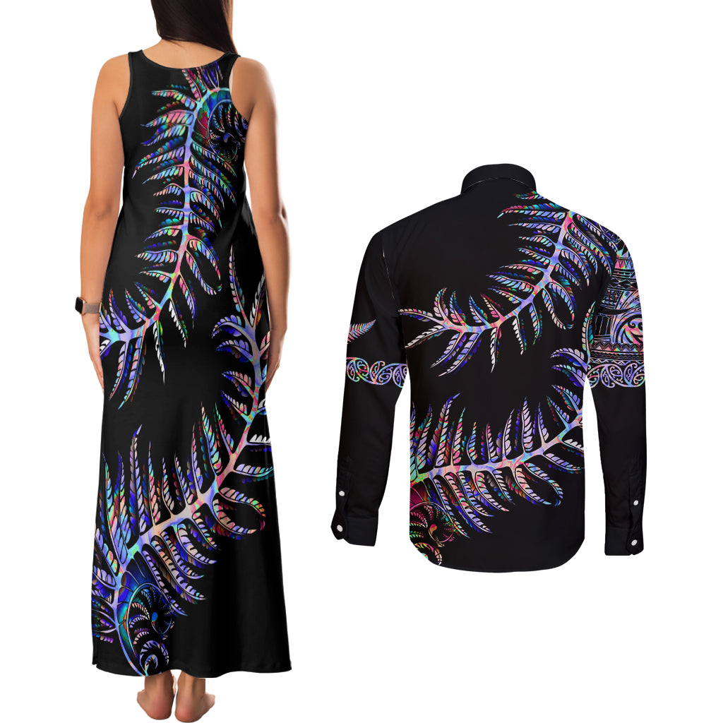 new-zealand-couples-matching-tank-maxi-dress-and-long-sleeve-button-shirt-aotearoa-silver-fern-mixed-papua-shell-purple-vibe