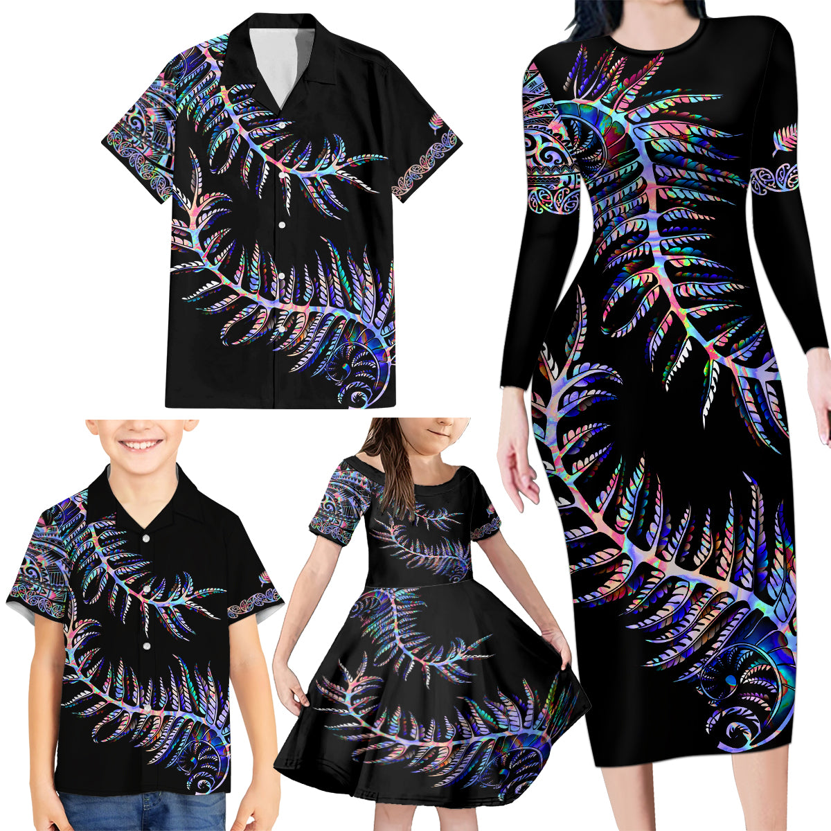 new-zealand-family-matching-long-sleeve-bodycon-dress-and-hawaiian-shirt-aotearoa-silver-fern-mixed-papua-shell-purple-vibe