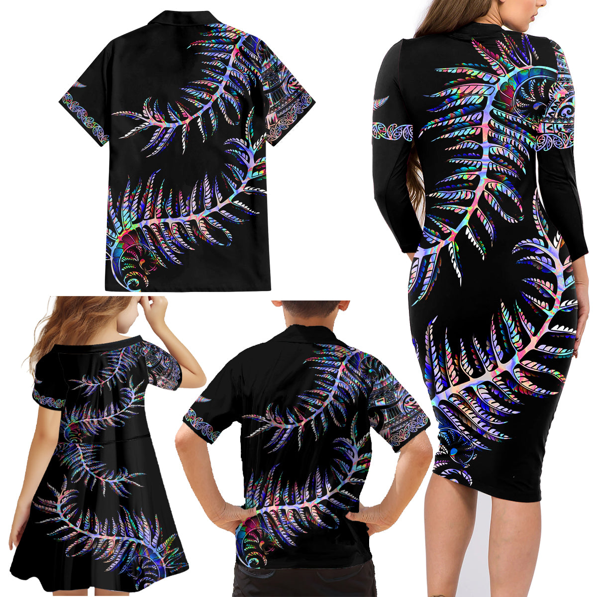 new-zealand-family-matching-long-sleeve-bodycon-dress-and-hawaiian-shirt-aotearoa-silver-fern-mixed-papua-shell-purple-vibe