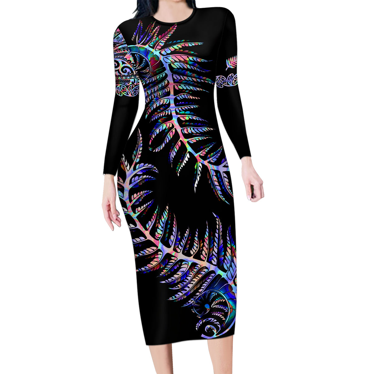 new-zealand-family-matching-long-sleeve-bodycon-dress-and-hawaiian-shirt-aotearoa-silver-fern-mixed-papua-shell-purple-vibe