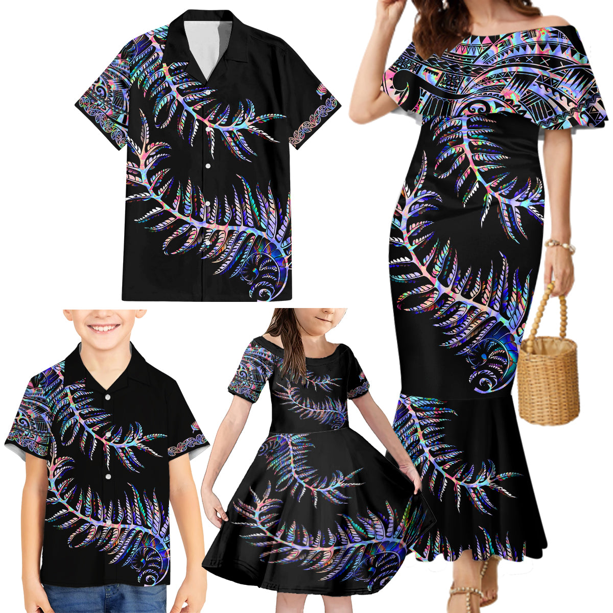 new-zealand-family-matching-mermaid-dress-and-hawaiian-shirt-aotearoa-silver-fern-mixed-papua-shell-purple-vibe