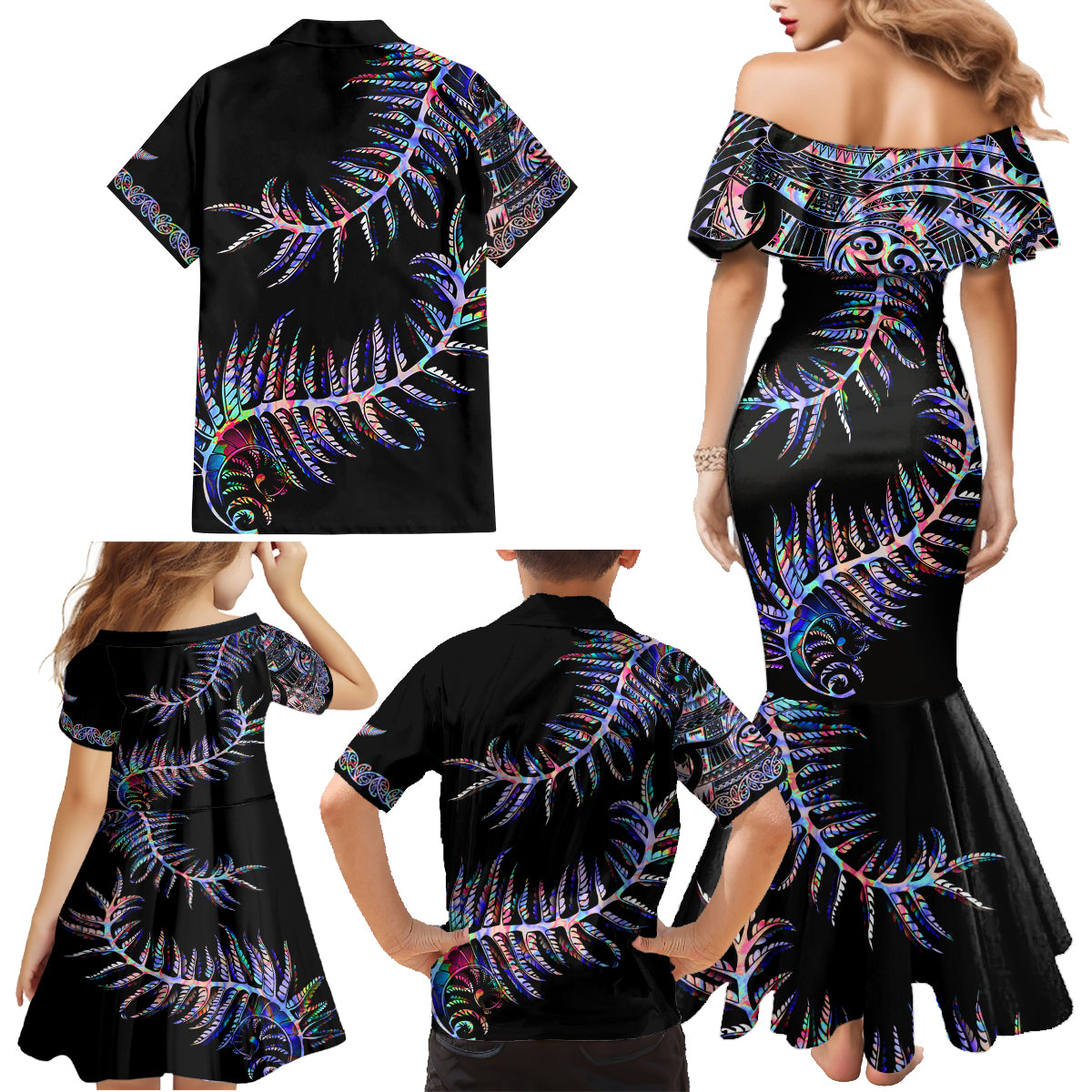 new-zealand-family-matching-mermaid-dress-and-hawaiian-shirt-aotearoa-silver-fern-mixed-papua-shell-purple-vibe