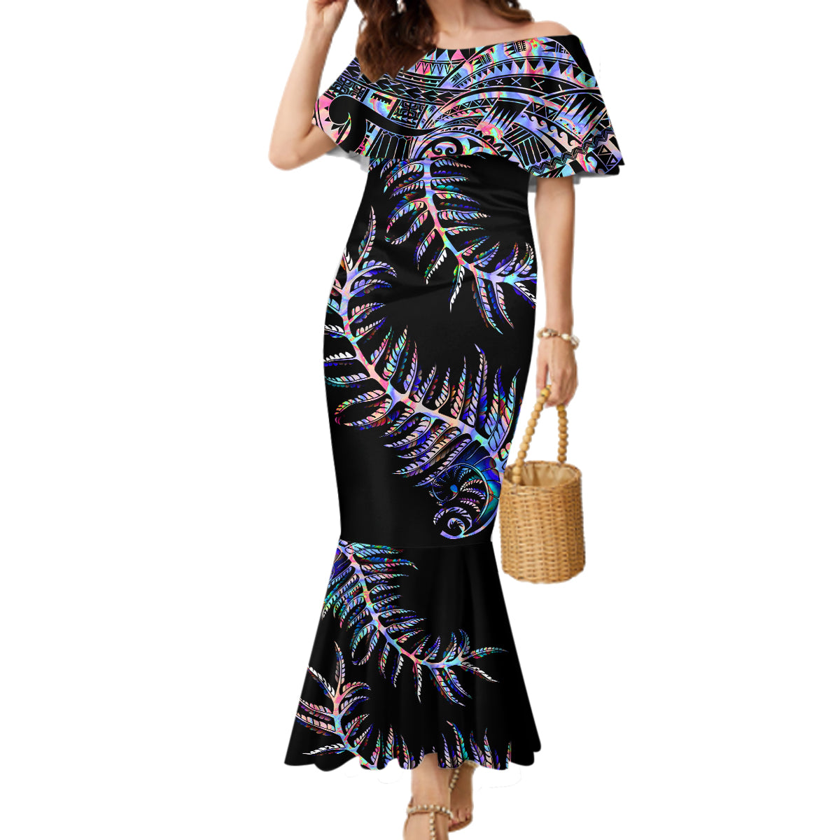 new-zealand-family-matching-mermaid-dress-and-hawaiian-shirt-aotearoa-silver-fern-mixed-papua-shell-purple-vibe