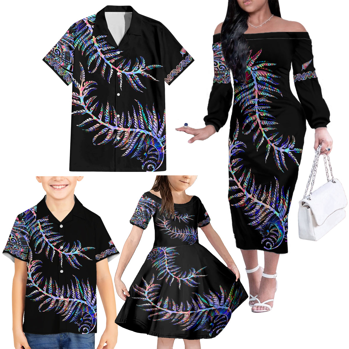 new-zealand-family-matching-off-shoulder-long-sleeve-dress-and-hawaiian-shirt-aotearoa-silver-fern-mixed-papua-shell-purple-vibe