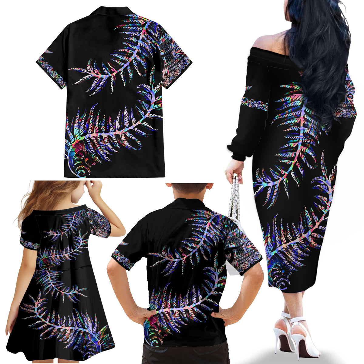 new-zealand-family-matching-off-shoulder-long-sleeve-dress-and-hawaiian-shirt-aotearoa-silver-fern-mixed-papua-shell-purple-vibe