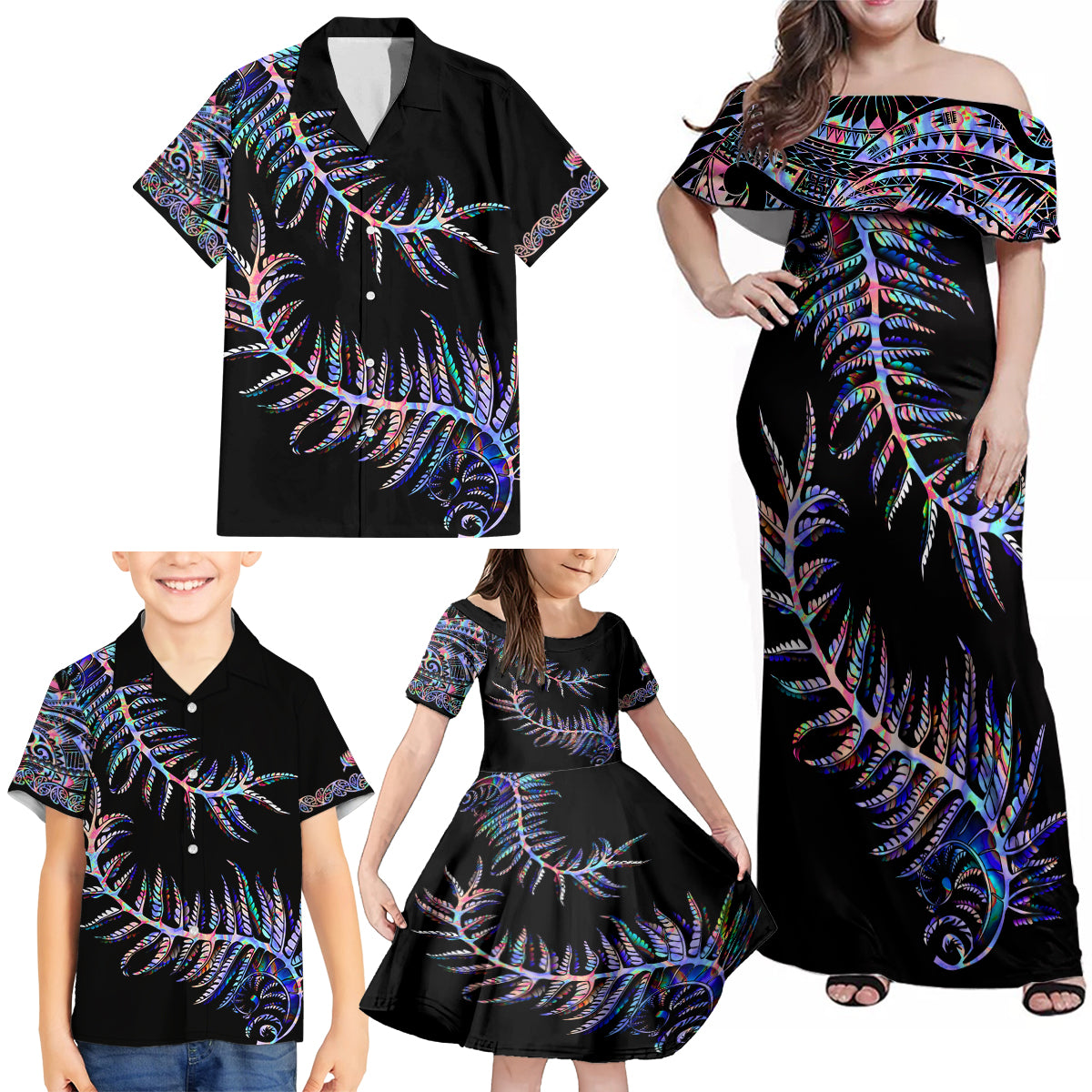 new-zealand-family-matching-off-shoulder-maxi-dress-and-hawaiian-shirt-aotearoa-silver-fern-mixed-papua-shell-purple-vibe