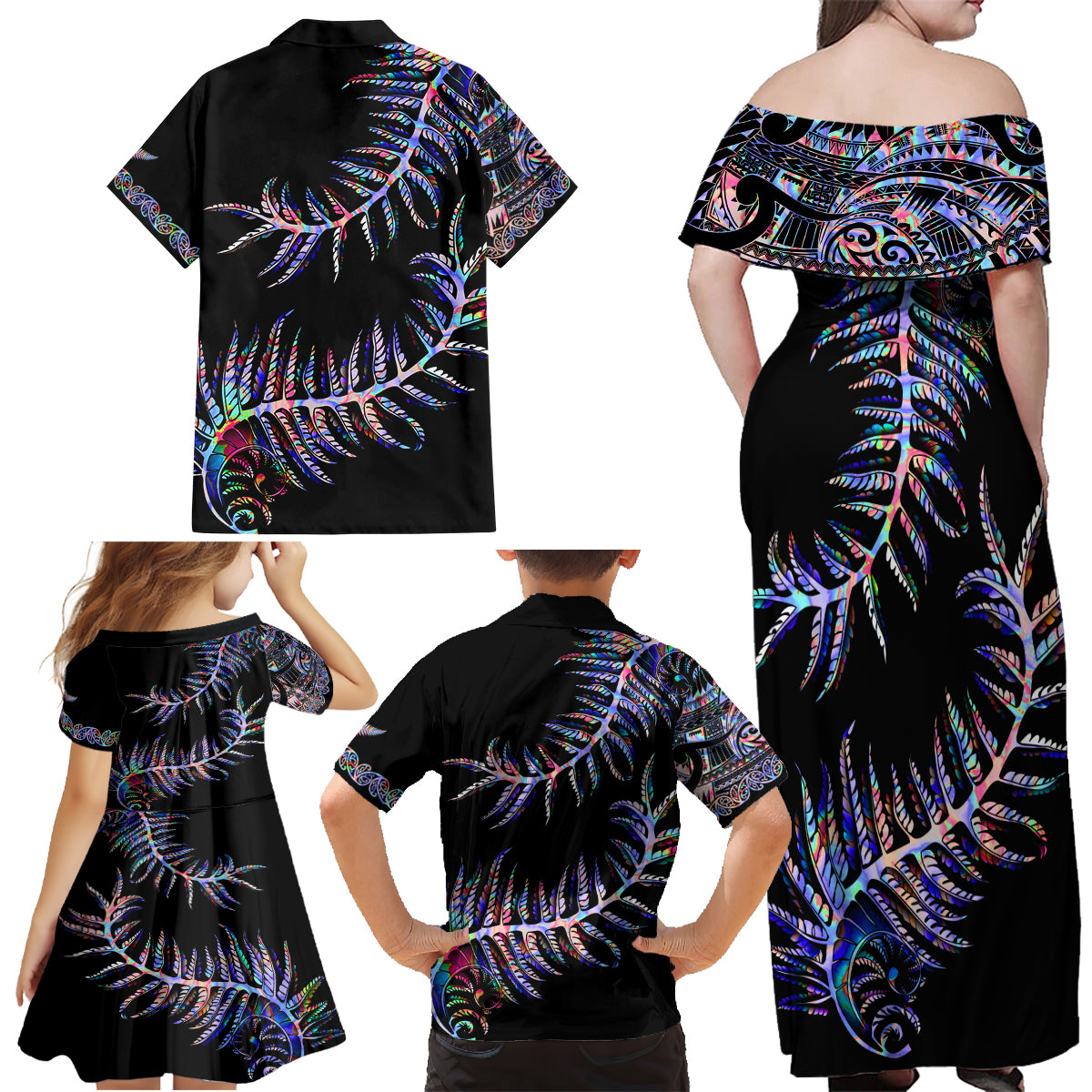 new-zealand-family-matching-off-shoulder-maxi-dress-and-hawaiian-shirt-aotearoa-silver-fern-mixed-papua-shell-purple-vibe