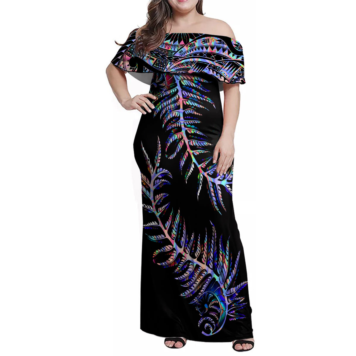 new-zealand-family-matching-off-shoulder-maxi-dress-and-hawaiian-shirt-aotearoa-silver-fern-mixed-papua-shell-purple-vibe