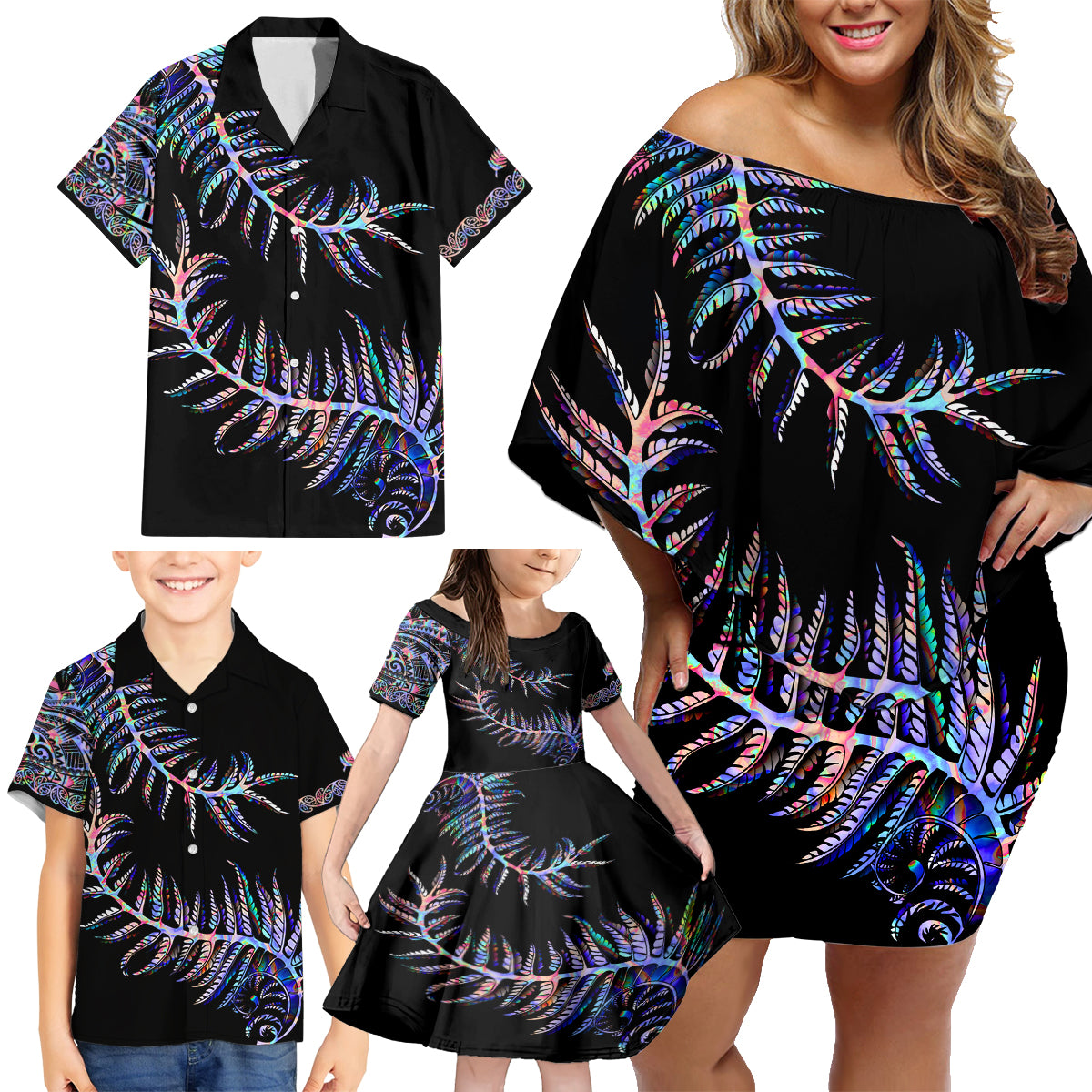 new-zealand-family-matching-off-shoulder-short-dress-and-hawaiian-shirt-aotearoa-silver-fern-mixed-papua-shell-purple-vibe