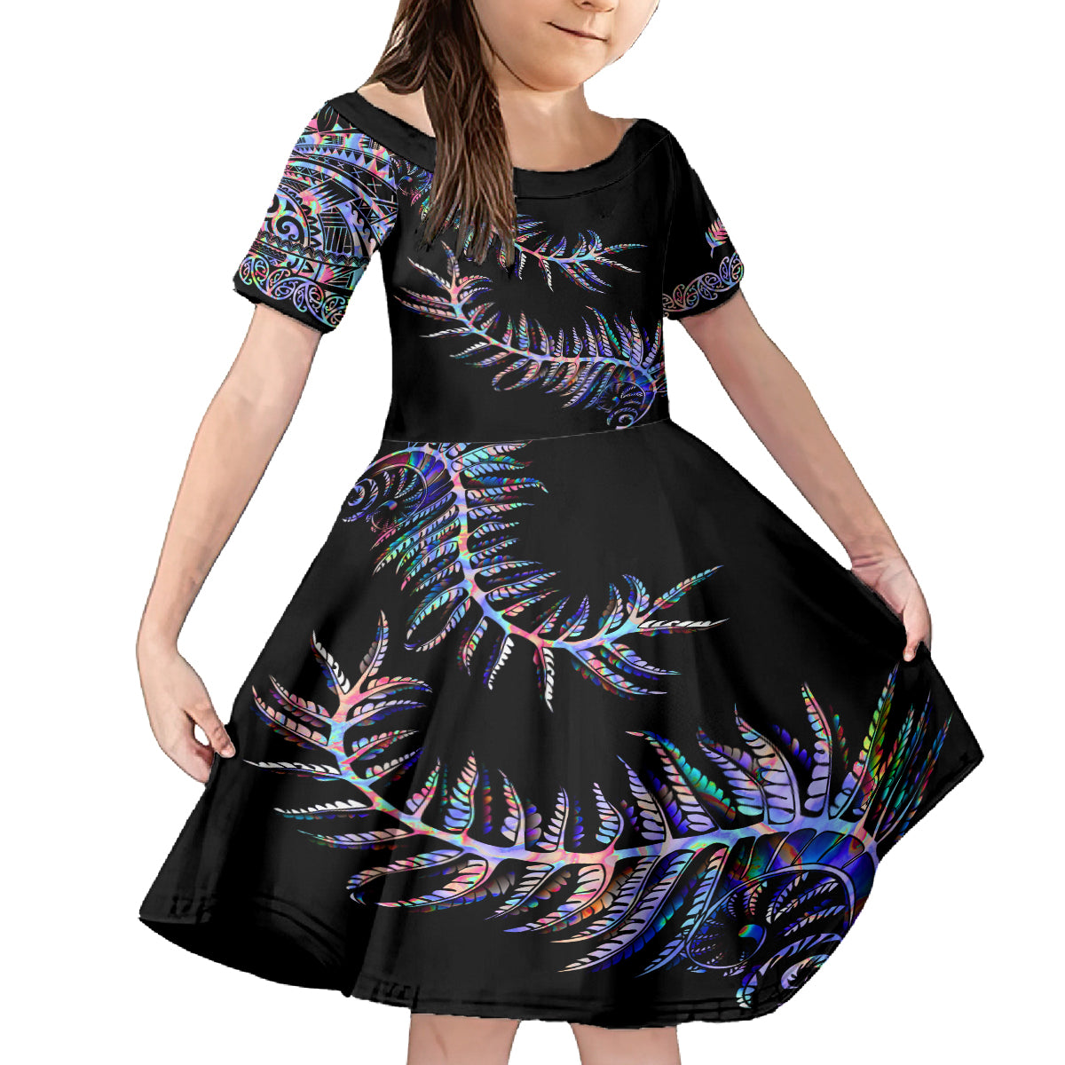 new-zealand-family-matching-off-shoulder-short-dress-and-hawaiian-shirt-aotearoa-silver-fern-mixed-papua-shell-purple-vibe