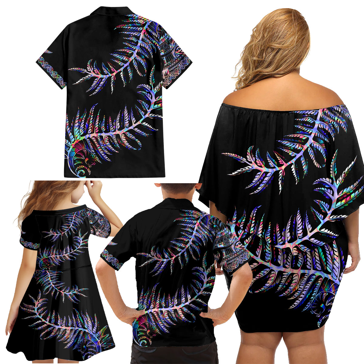 new-zealand-family-matching-off-shoulder-short-dress-and-hawaiian-shirt-aotearoa-silver-fern-mixed-papua-shell-purple-vibe