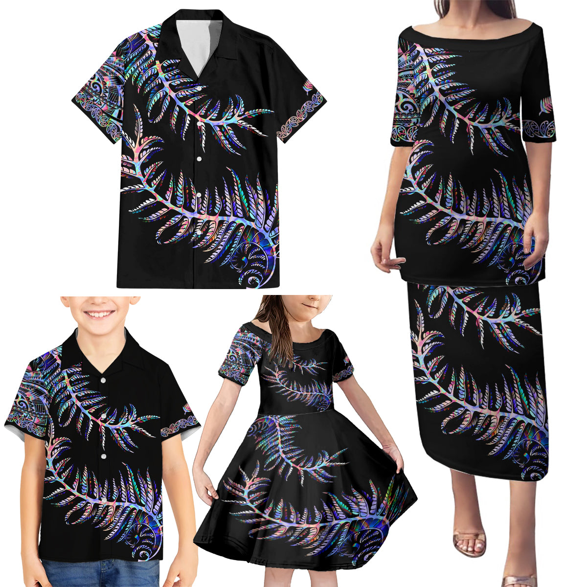 new-zealand-family-matching-puletasi-dress-and-hawaiian-shirt-aotearoa-silver-fern-mixed-papua-shell-purple-vibe