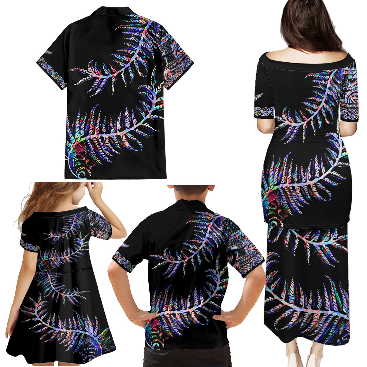 new-zealand-family-matching-puletasi-dress-and-hawaiian-shirt-aotearoa-silver-fern-mixed-papua-shell-purple-vibe