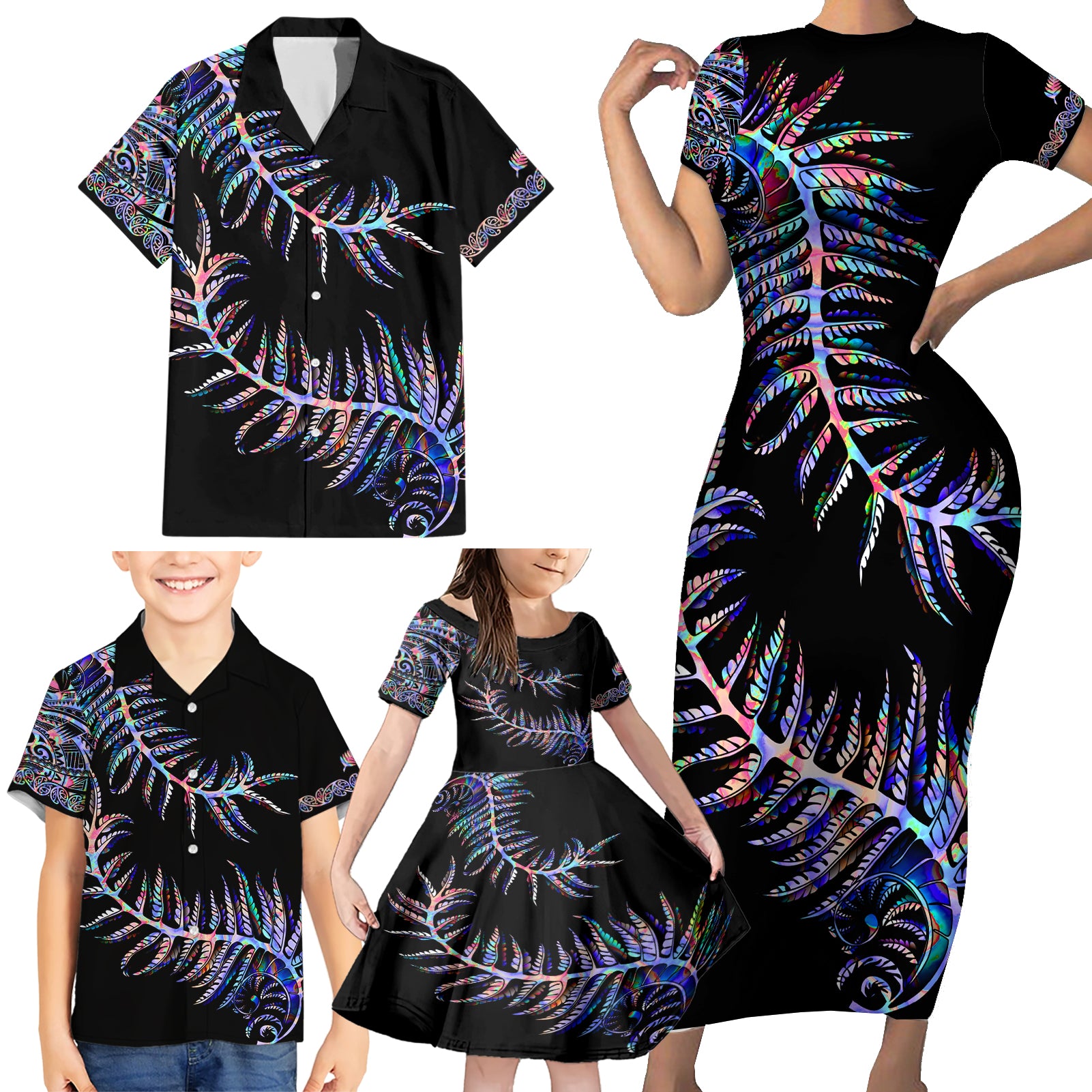 new-zealand-family-matching-short-sleeve-bodycon-dress-and-hawaiian-shirt-aotearoa-silver-fern-mixed-papua-shell-purple-vibe