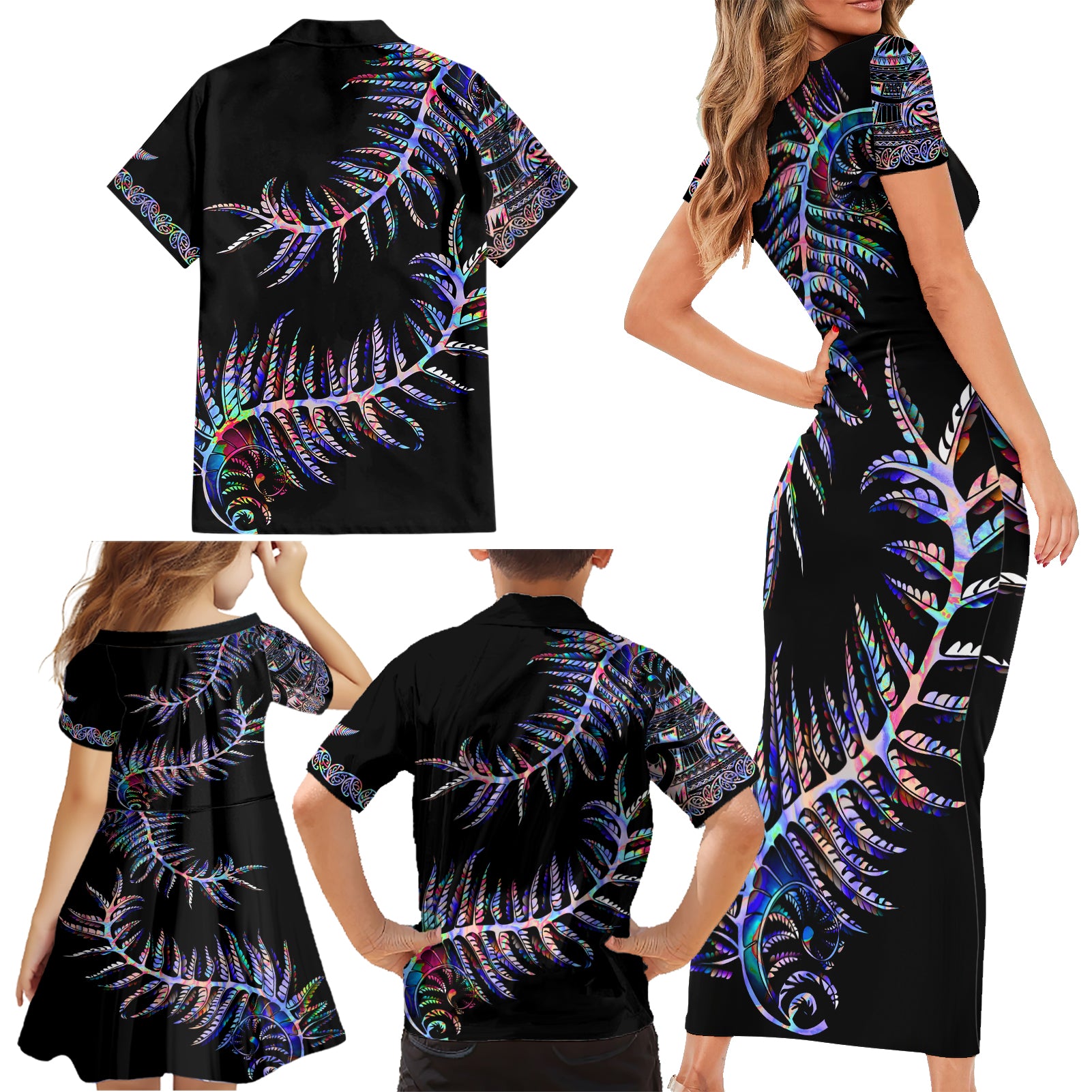 new-zealand-family-matching-short-sleeve-bodycon-dress-and-hawaiian-shirt-aotearoa-silver-fern-mixed-papua-shell-purple-vibe