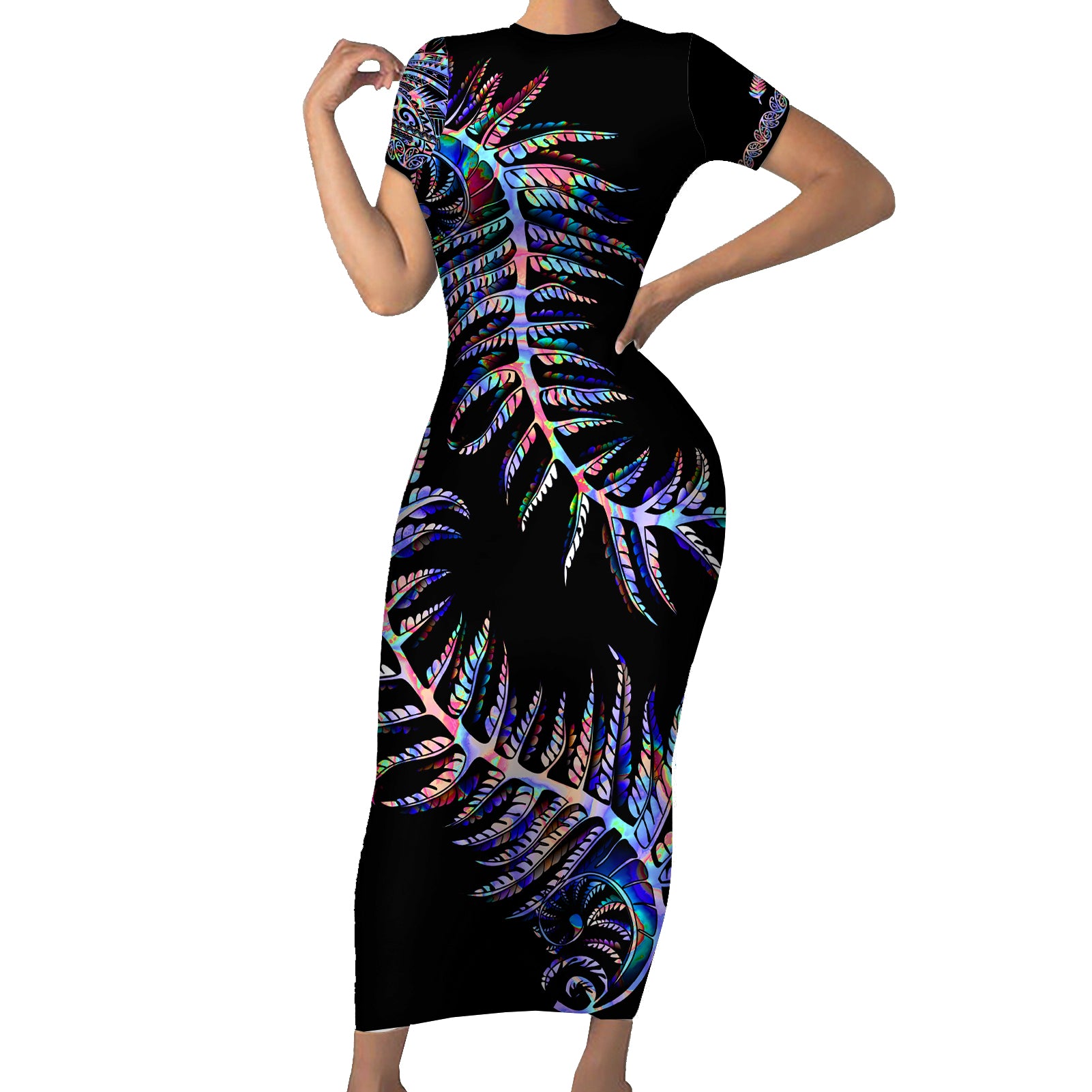 new-zealand-family-matching-short-sleeve-bodycon-dress-and-hawaiian-shirt-aotearoa-silver-fern-mixed-papua-shell-purple-vibe