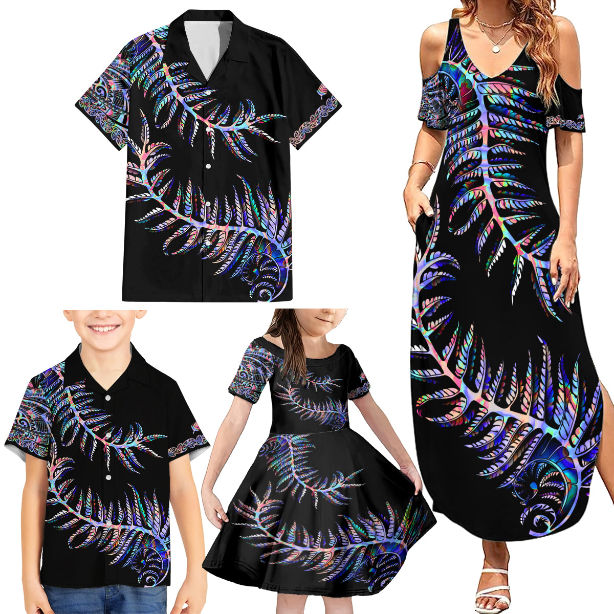 new-zealand-family-matching-summer-maxi-dress-and-hawaiian-shirt-aotearoa-silver-fern-mixed-papua-shell-purple-vibe