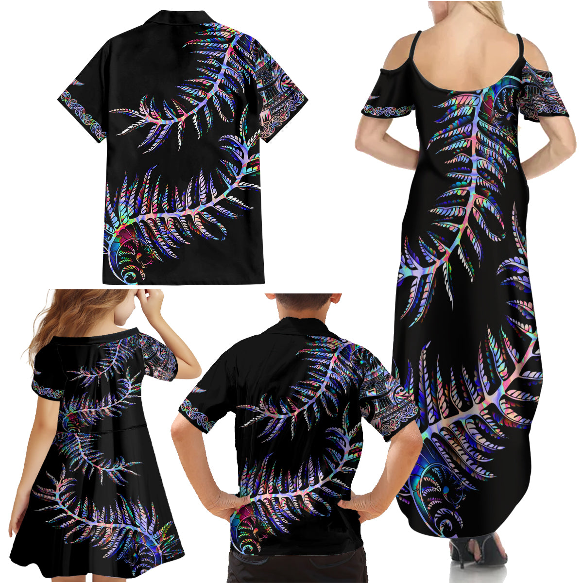 new-zealand-family-matching-summer-maxi-dress-and-hawaiian-shirt-aotearoa-silver-fern-mixed-papua-shell-purple-vibe