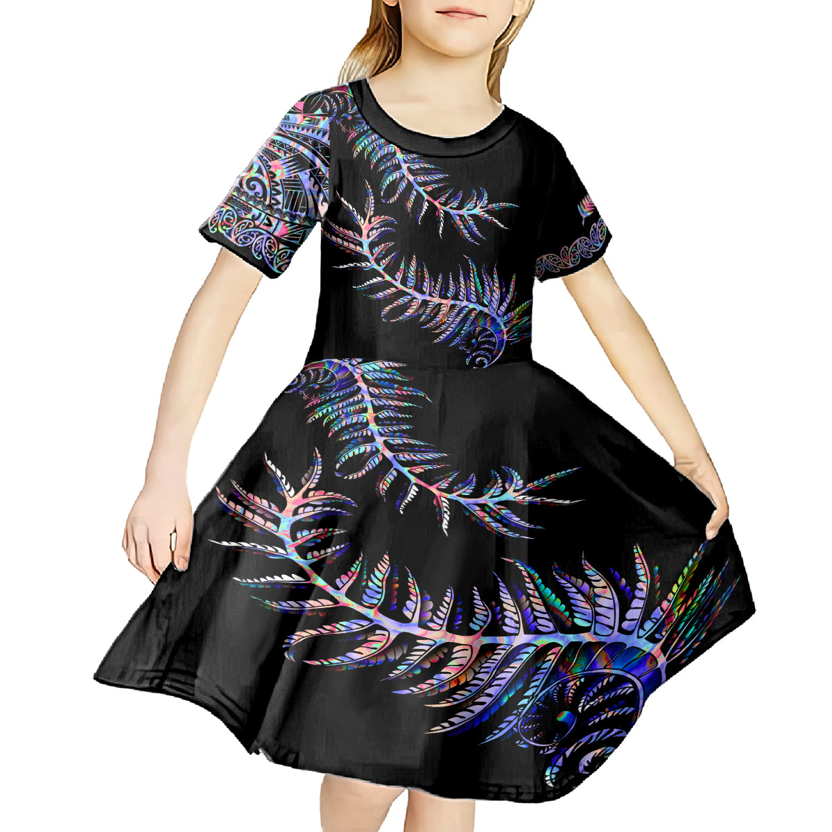 New Zealand Kid Short Sleeve Dress Aotearoa Silver Fern Mixed Papua Shell Purple Vibe - Vibe Hoodie Shop