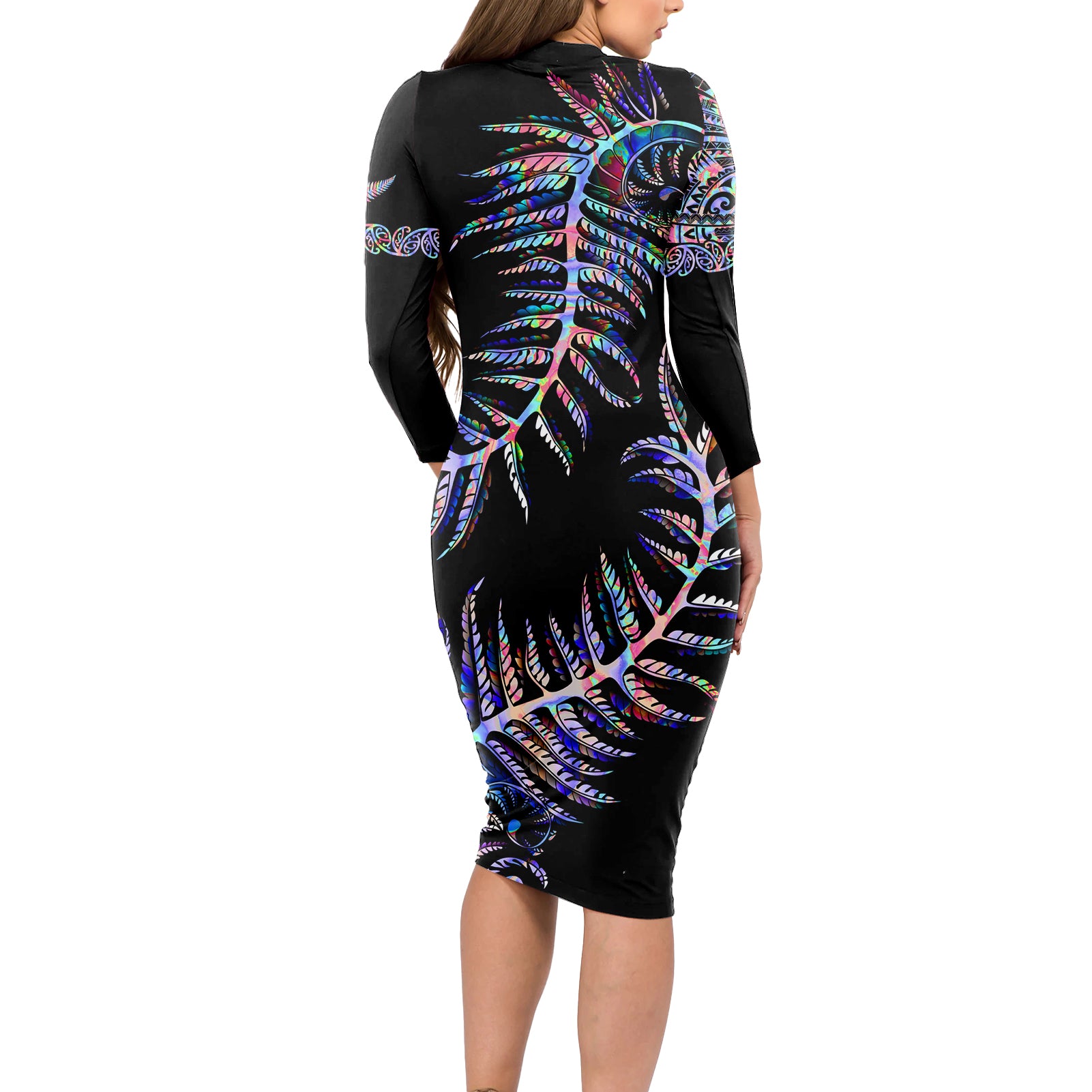 new-zealand-long-sleeve-bodycon-dress-aotearoa-silver-fern-mixed-papua-shell-purple-vibe