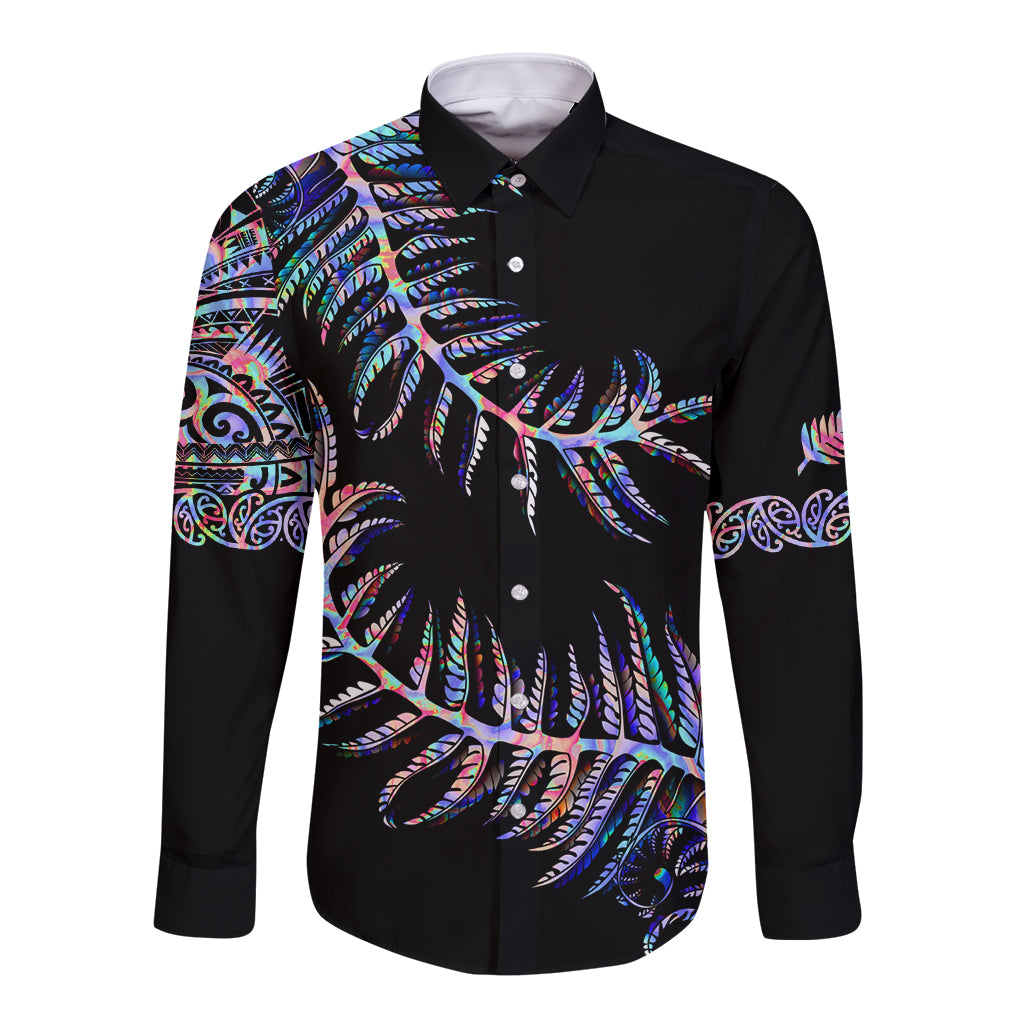 New Zealand Long Sleeve Button Shirt Aotearoa Silver Fern Mixed Papua Shell Purple Vibe - Vibe Hoodie Shop