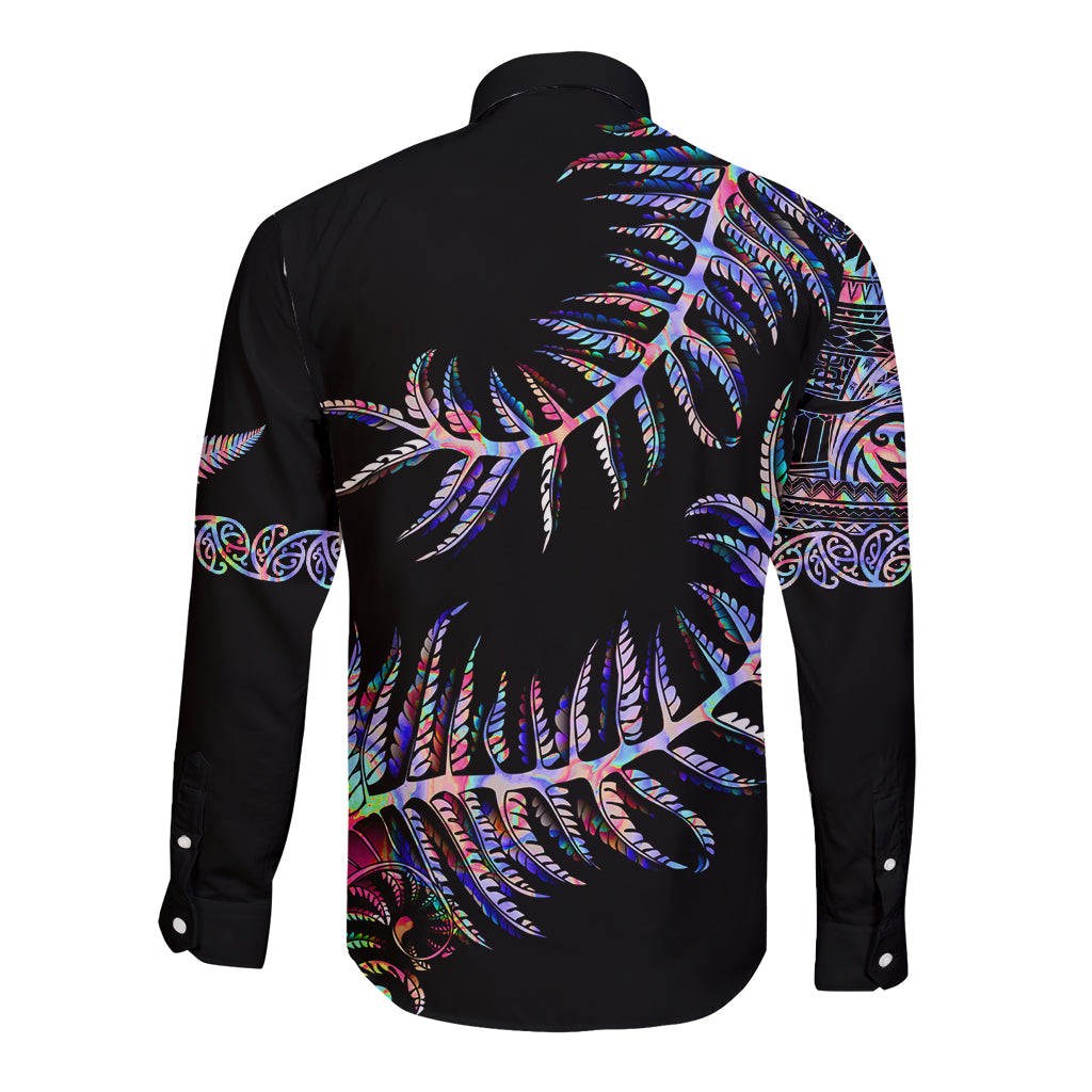 New Zealand Long Sleeve Button Shirt Aotearoa Silver Fern Mixed Papua Shell Purple Vibe - Vibe Hoodie Shop