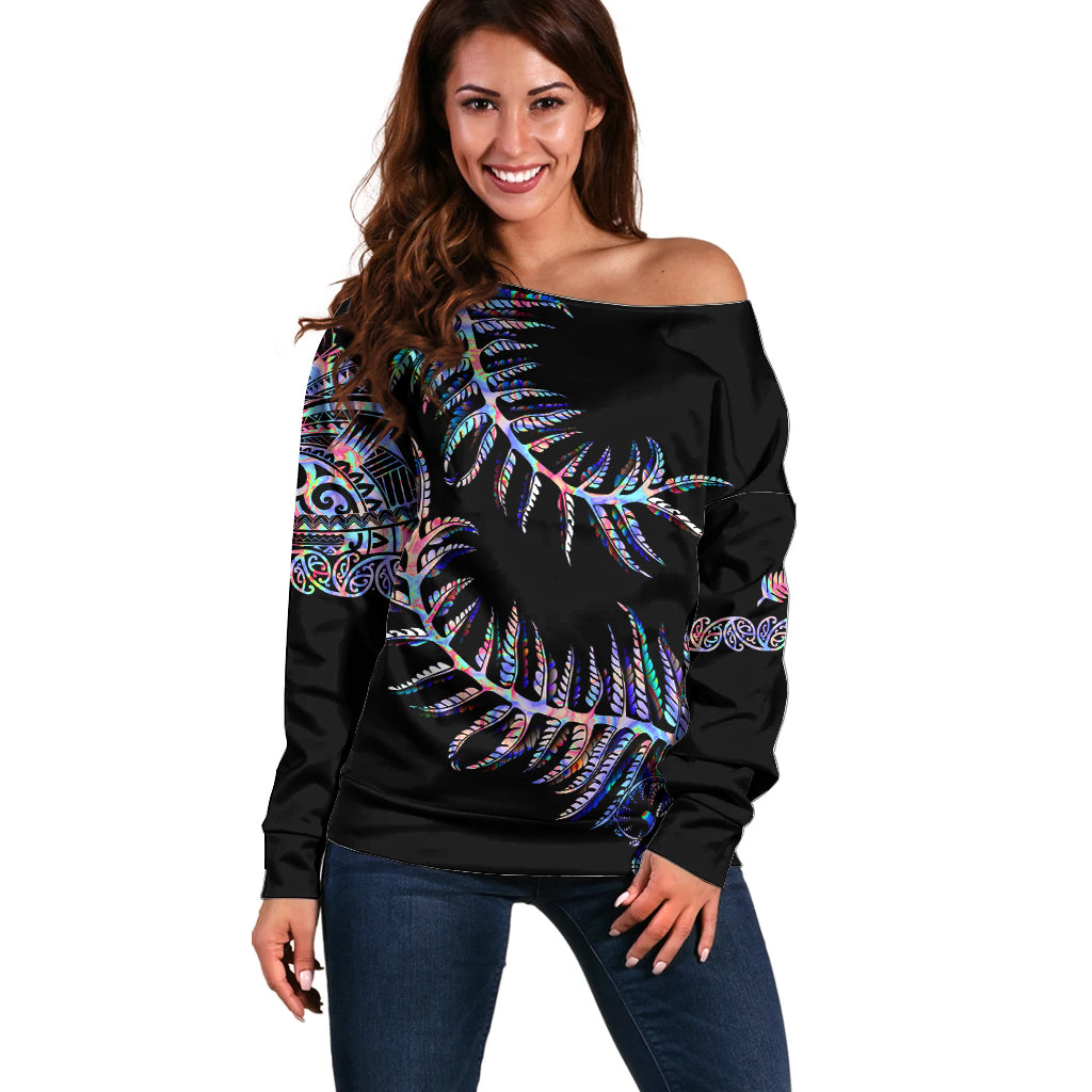 New Zealand Off Shoulder Sweater Aotearoa Silver Fern Mixed Papua Shell Purple Vibe - Vibe Hoodie Shop