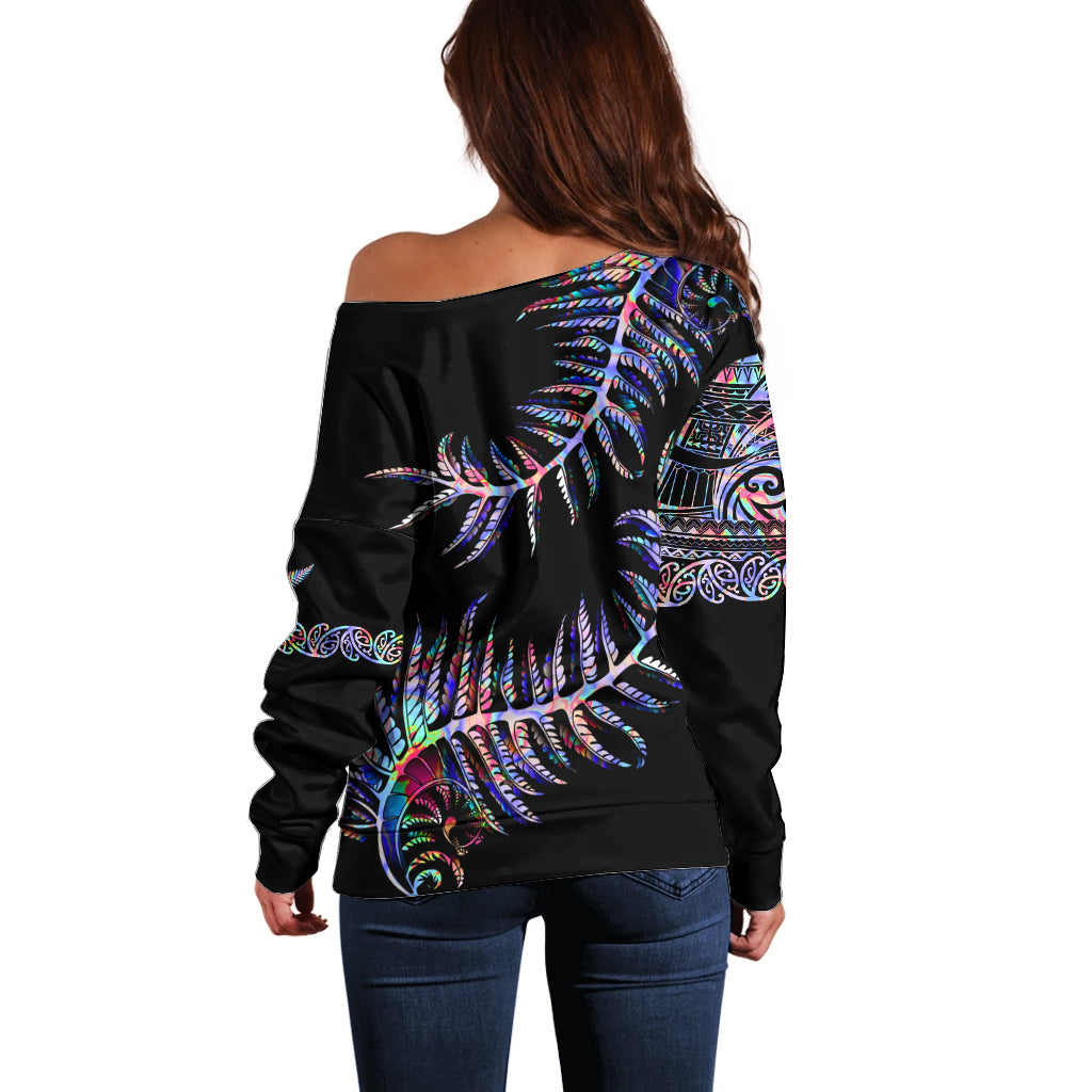 New Zealand Off Shoulder Sweater Aotearoa Silver Fern Mixed Papua Shell Purple Vibe - Vibe Hoodie Shop