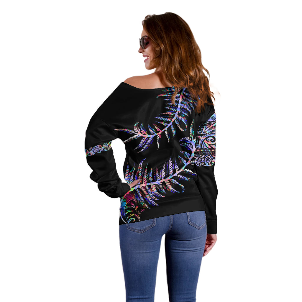 New Zealand Off Shoulder Sweater Aotearoa Silver Fern Mixed Papua Shell Purple Vibe - Vibe Hoodie Shop