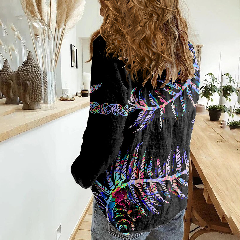 New Zealand Women Casual Shirt Aotearoa Silver Fern Mixed Papua Shell Purple Vibe - Vibe Hoodie Shop