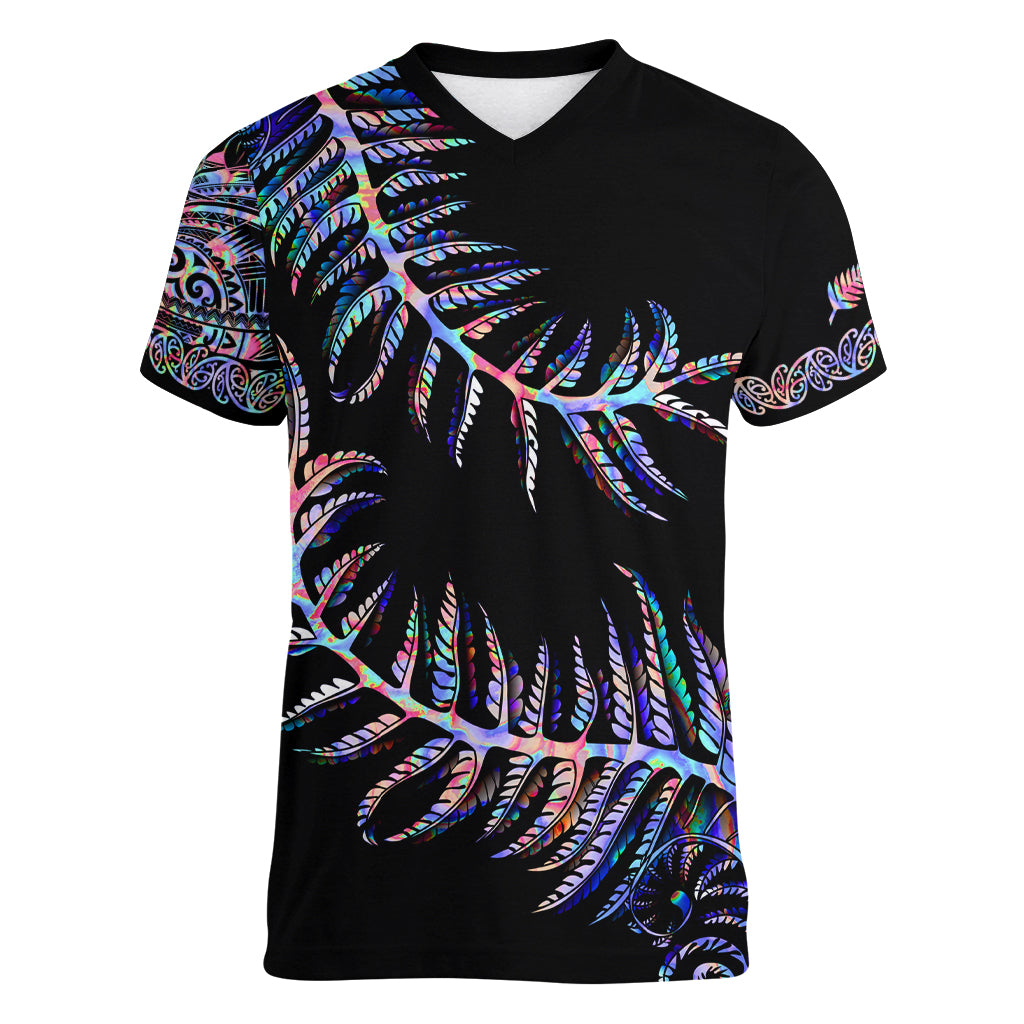 New Zealand Women V Neck T Shirt Aotearoa Silver Fern Mixed Papua Shell Purple Vibe - Vibe Hoodie Shop