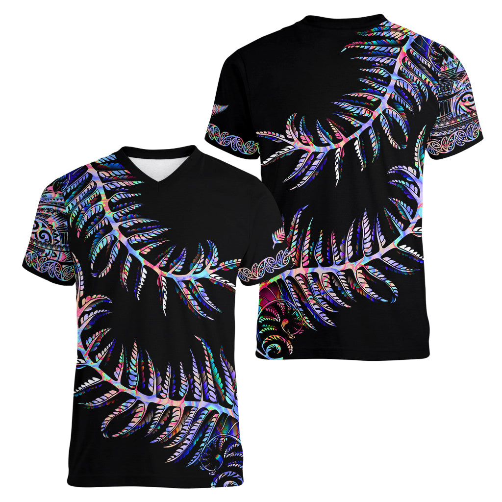 New Zealand Women V Neck T Shirt Aotearoa Silver Fern Mixed Papua Shell Purple Vibe - Vibe Hoodie Shop