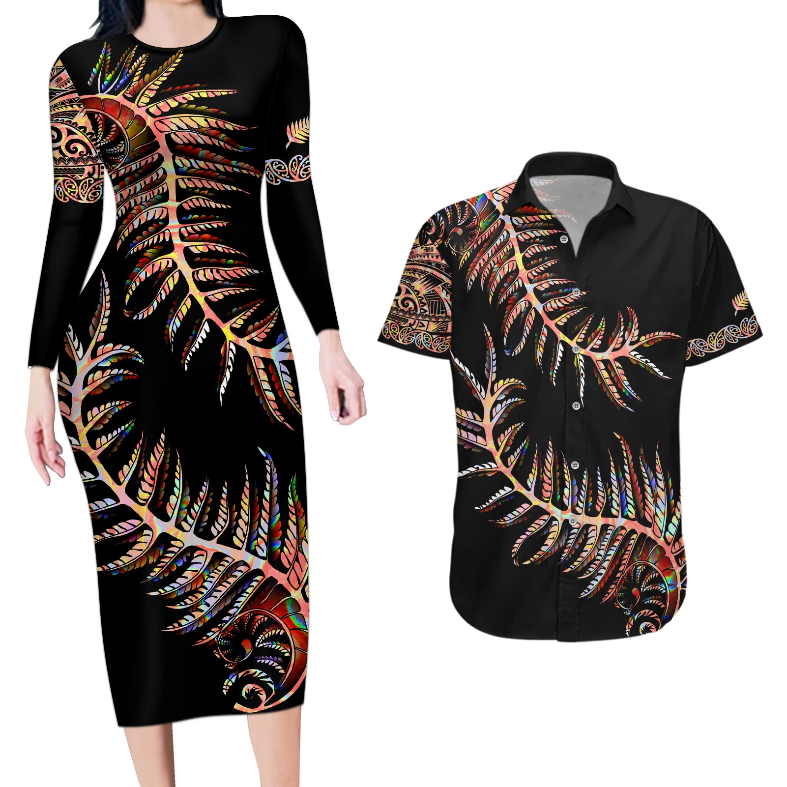 new-zealand-couples-matching-long-sleeve-bodycon-dress-and-hawaiian-shirt-aotearoa-silver-fern-mixed-papua-shell-red-vibe