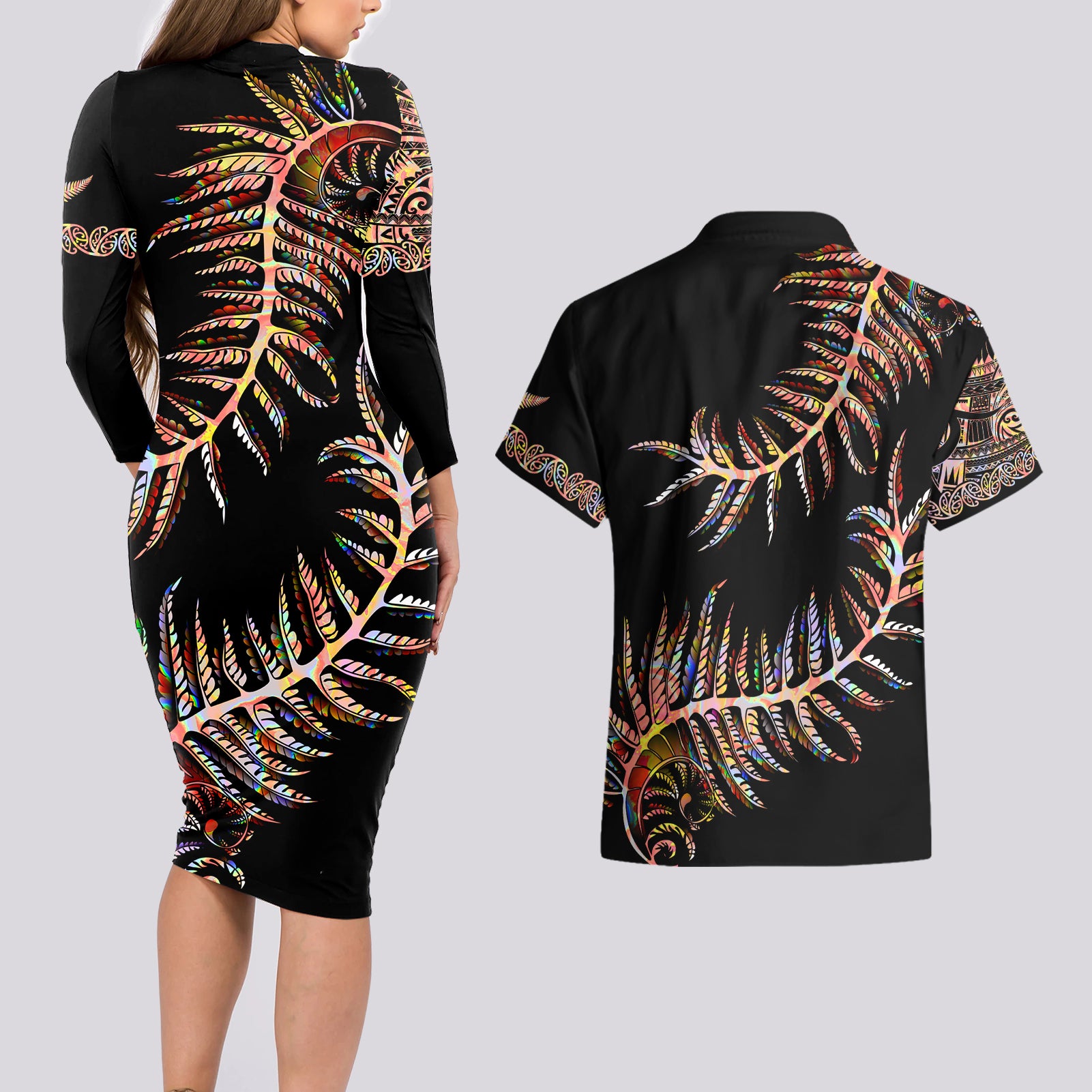 new-zealand-couples-matching-long-sleeve-bodycon-dress-and-hawaiian-shirt-aotearoa-silver-fern-mixed-papua-shell-red-vibe