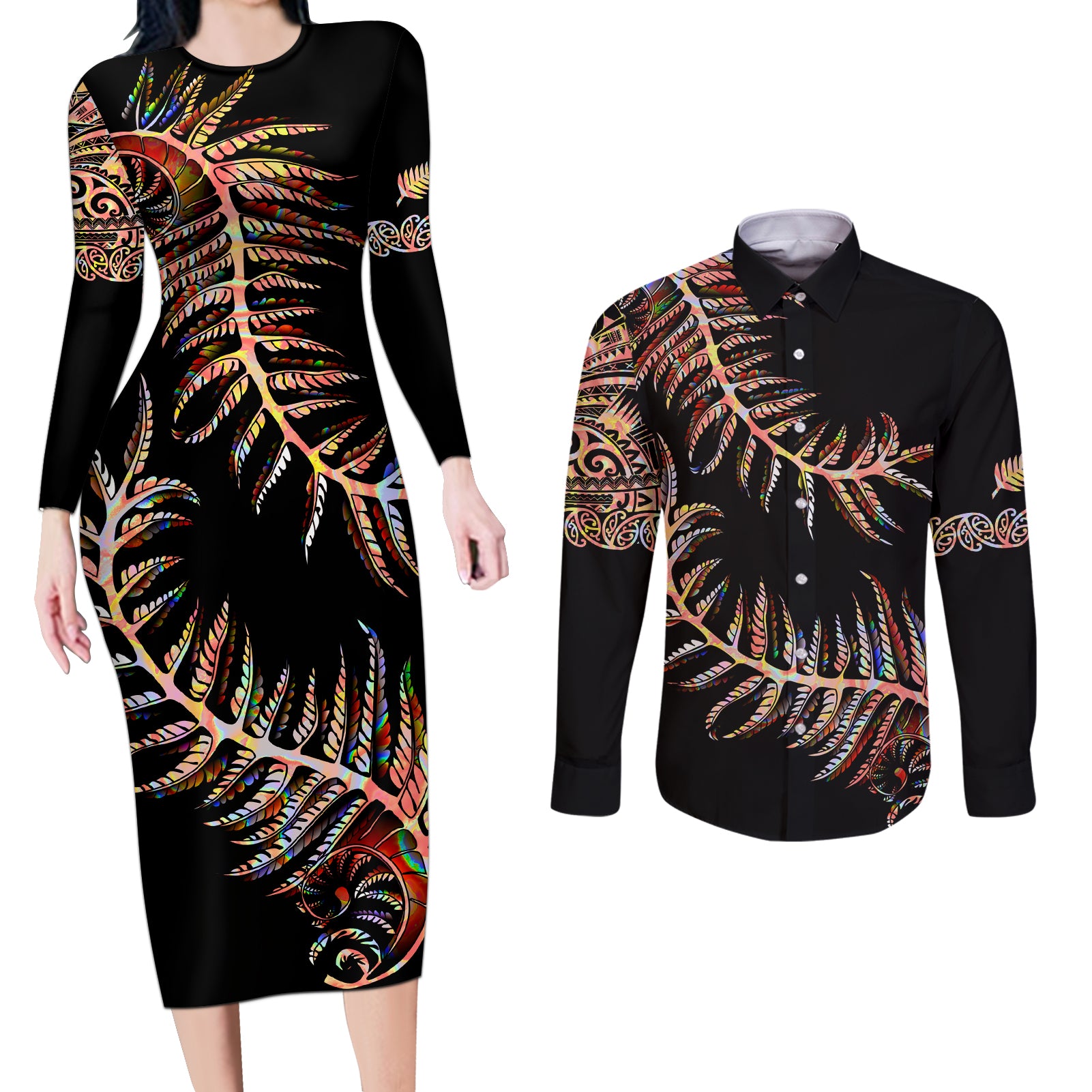 new-zealand-couples-matching-long-sleeve-bodycon-dress-and-long-sleeve-button-shirt-aotearoa-silver-fern-mixed-papua-shell-red-vibe