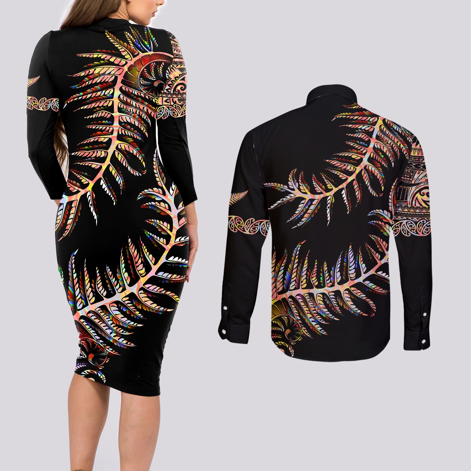 new-zealand-couples-matching-long-sleeve-bodycon-dress-and-long-sleeve-button-shirt-aotearoa-silver-fern-mixed-papua-shell-red-vibe