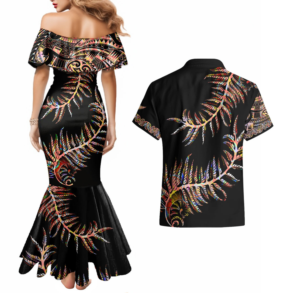 new-zealand-couples-matching-mermaid-dress-and-hawaiian-shirt-aotearoa-silver-fern-mixed-papua-shell-red-vibe