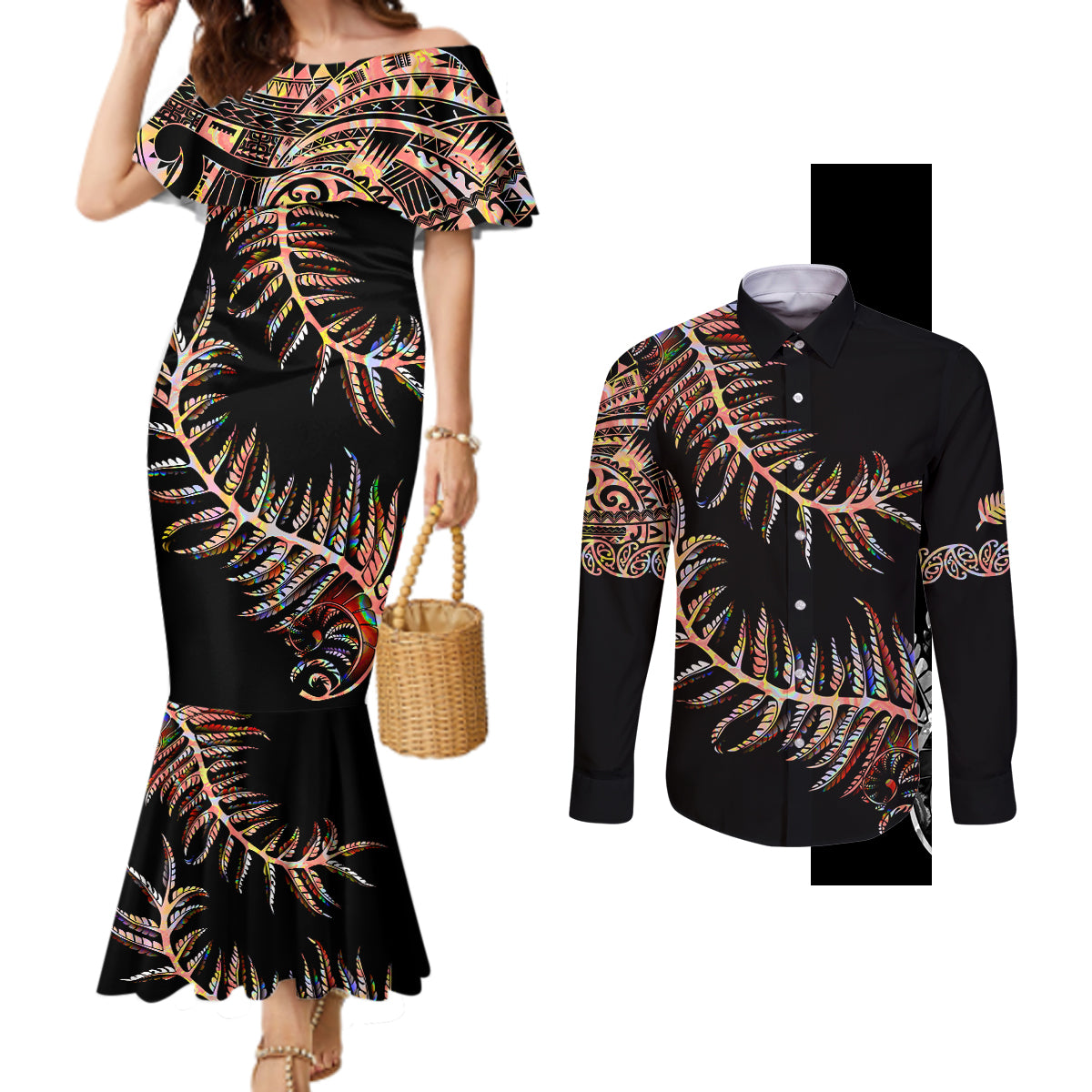 new-zealand-couples-matching-mermaid-dress-and-long-sleeve-button-shirt-aotearoa-silver-fern-mixed-papua-shell-red-vibe