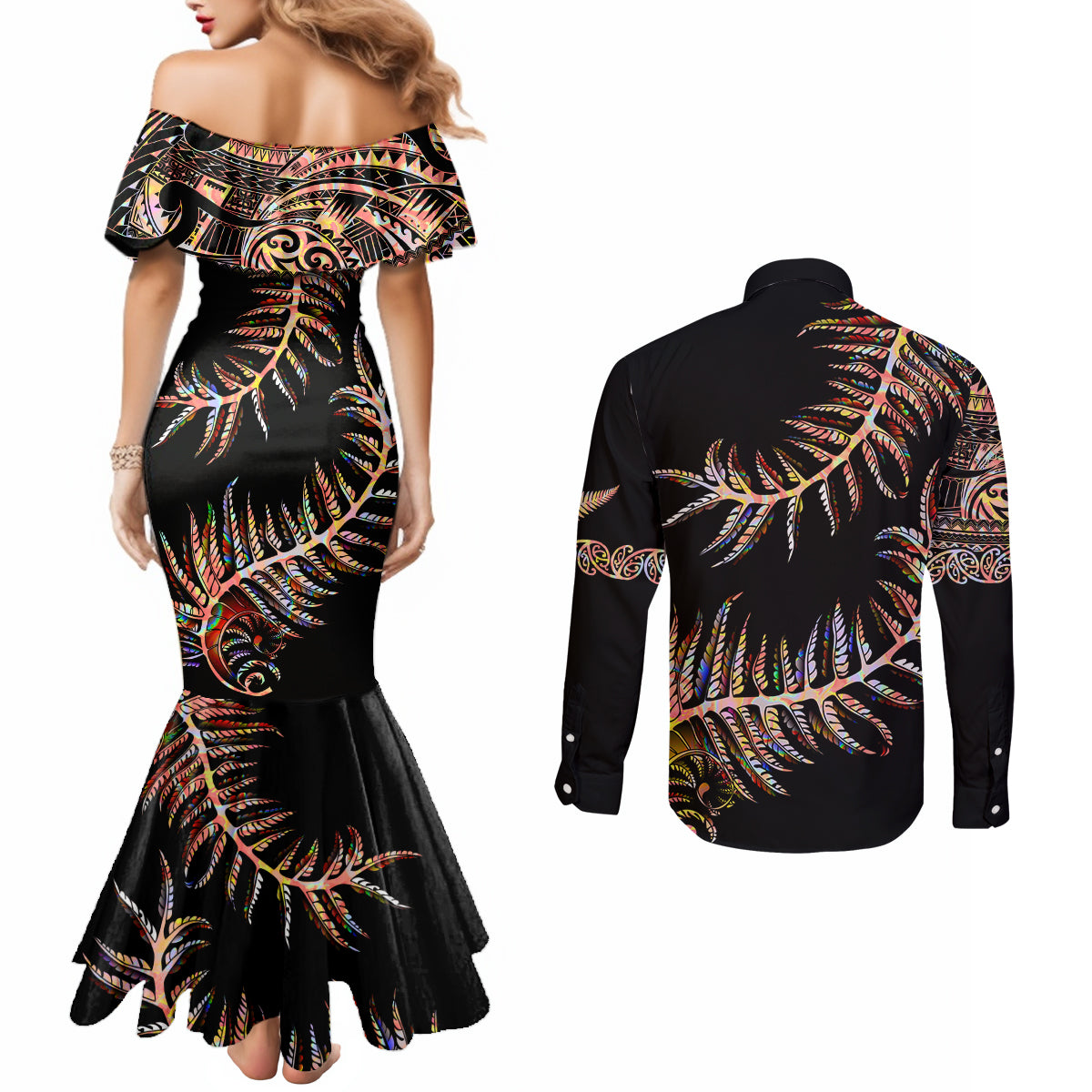 new-zealand-couples-matching-mermaid-dress-and-long-sleeve-button-shirt-aotearoa-silver-fern-mixed-papua-shell-red-vibe