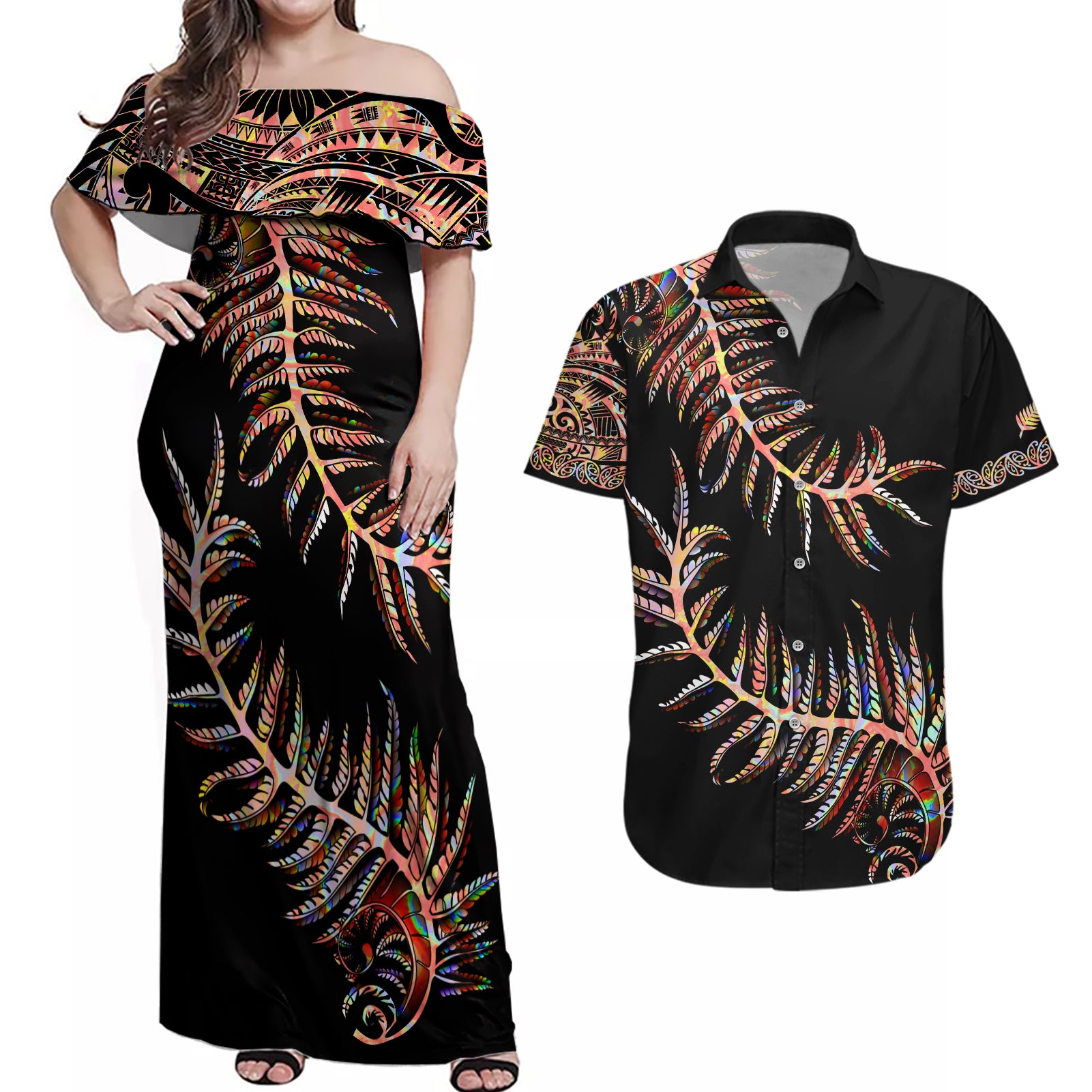 new-zealand-couples-matching-off-shoulder-maxi-dress-and-hawaiian-shirt-aotearoa-silver-fern-mixed-papua-shell-red-vibe