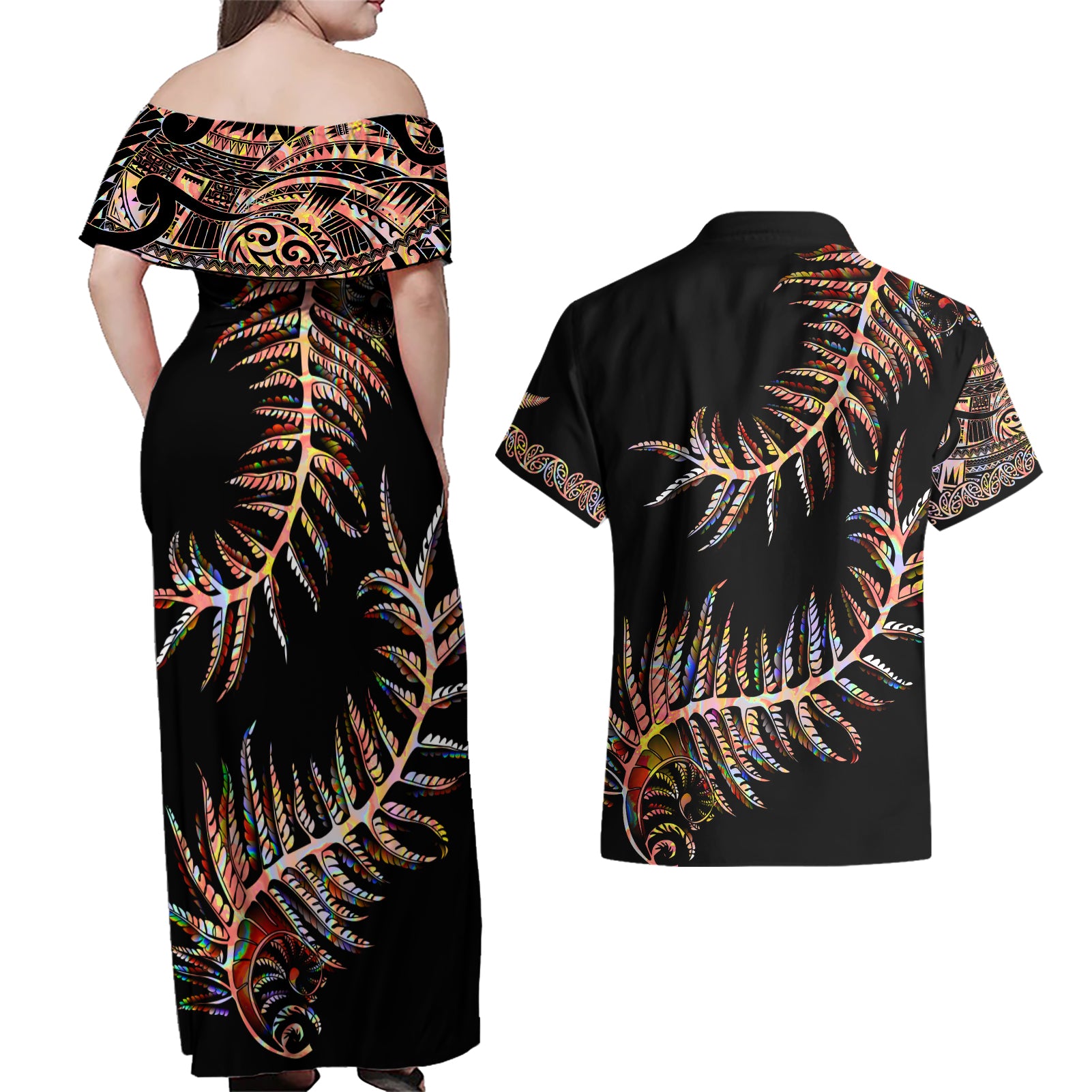 new-zealand-couples-matching-off-shoulder-maxi-dress-and-hawaiian-shirt-aotearoa-silver-fern-mixed-papua-shell-red-vibe