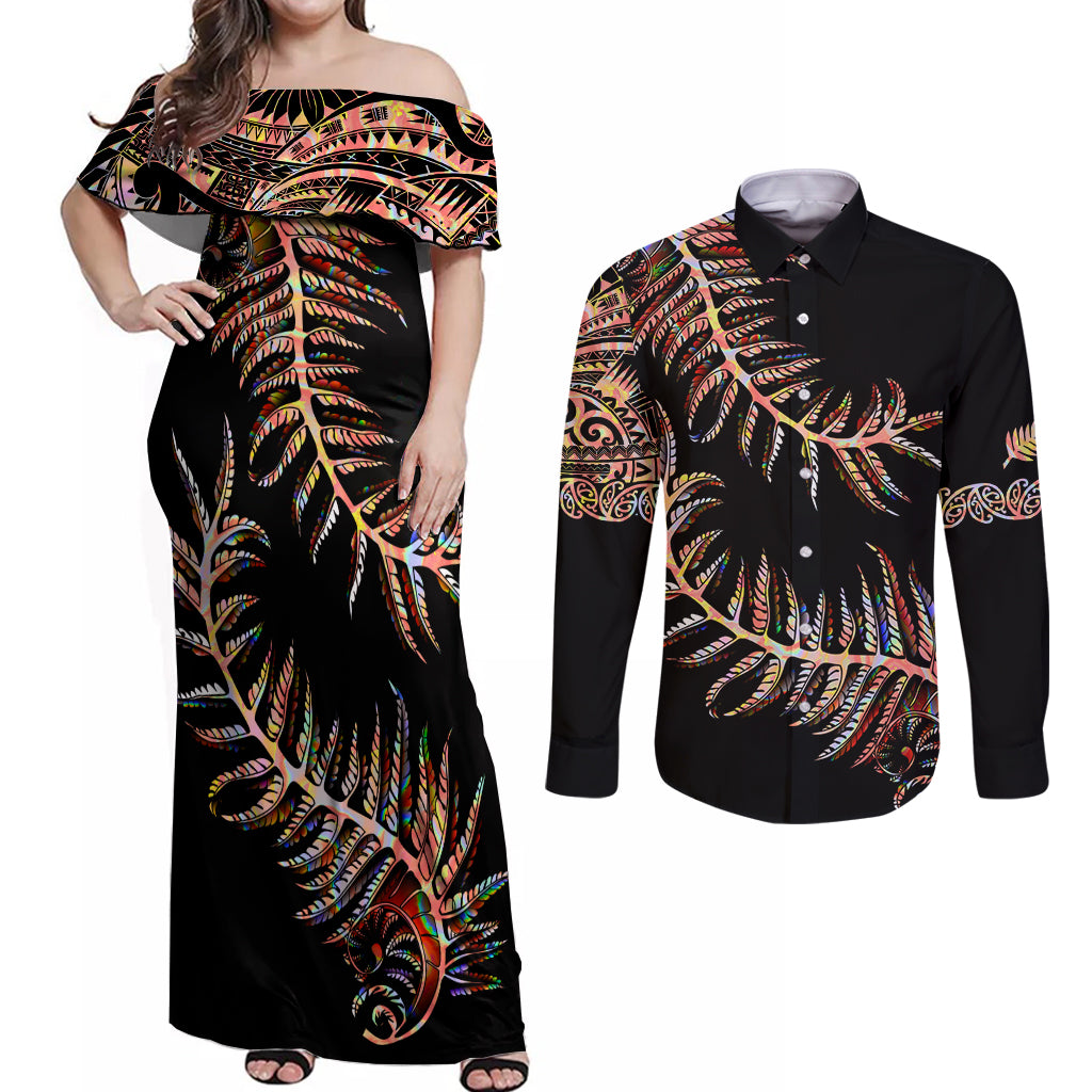 new-zealand-couples-matching-off-shoulder-maxi-dress-and-long-sleeve-button-shirt-aotearoa-silver-fern-mixed-papua-shell-red-vibe