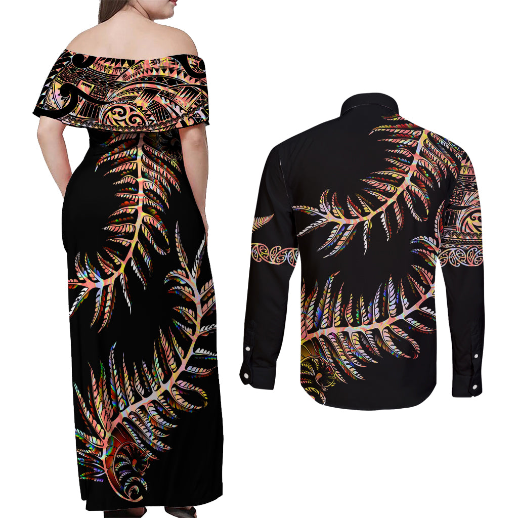 new-zealand-couples-matching-off-shoulder-maxi-dress-and-long-sleeve-button-shirt-aotearoa-silver-fern-mixed-papua-shell-red-vibe