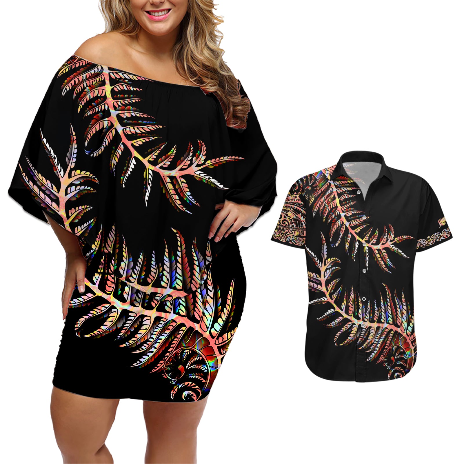 new-zealand-couples-matching-off-shoulder-short-dress-and-hawaiian-shirt-aotearoa-silver-fern-mixed-papua-shell-red-vibe