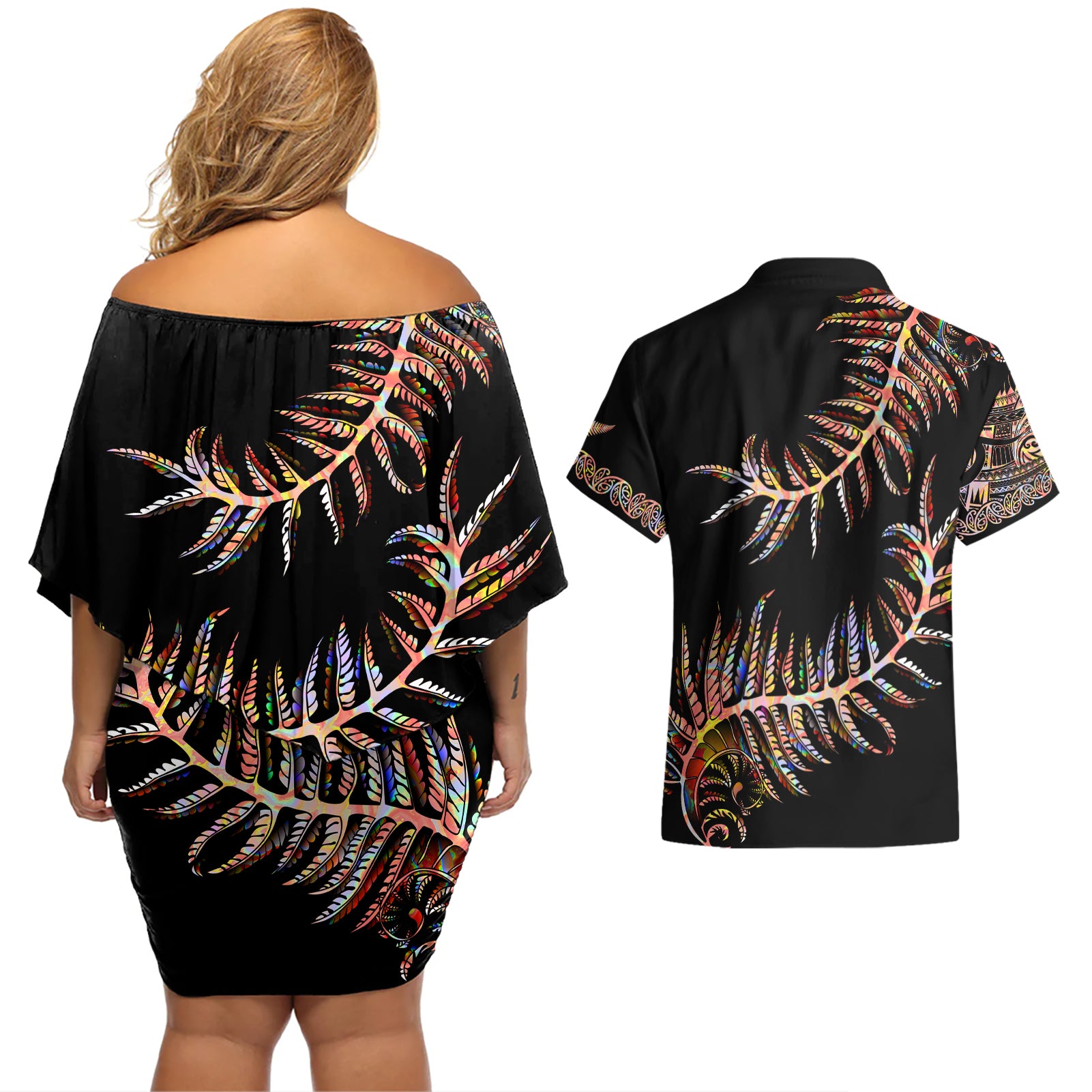 new-zealand-couples-matching-off-shoulder-short-dress-and-hawaiian-shirt-aotearoa-silver-fern-mixed-papua-shell-red-vibe