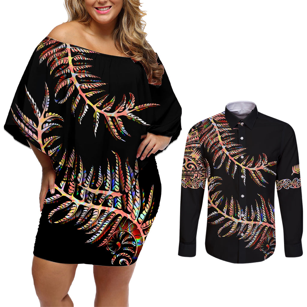 new-zealand-couples-matching-off-shoulder-short-dress-and-long-sleeve-button-shirt-aotearoa-silver-fern-mixed-papua-shell-red-vibe