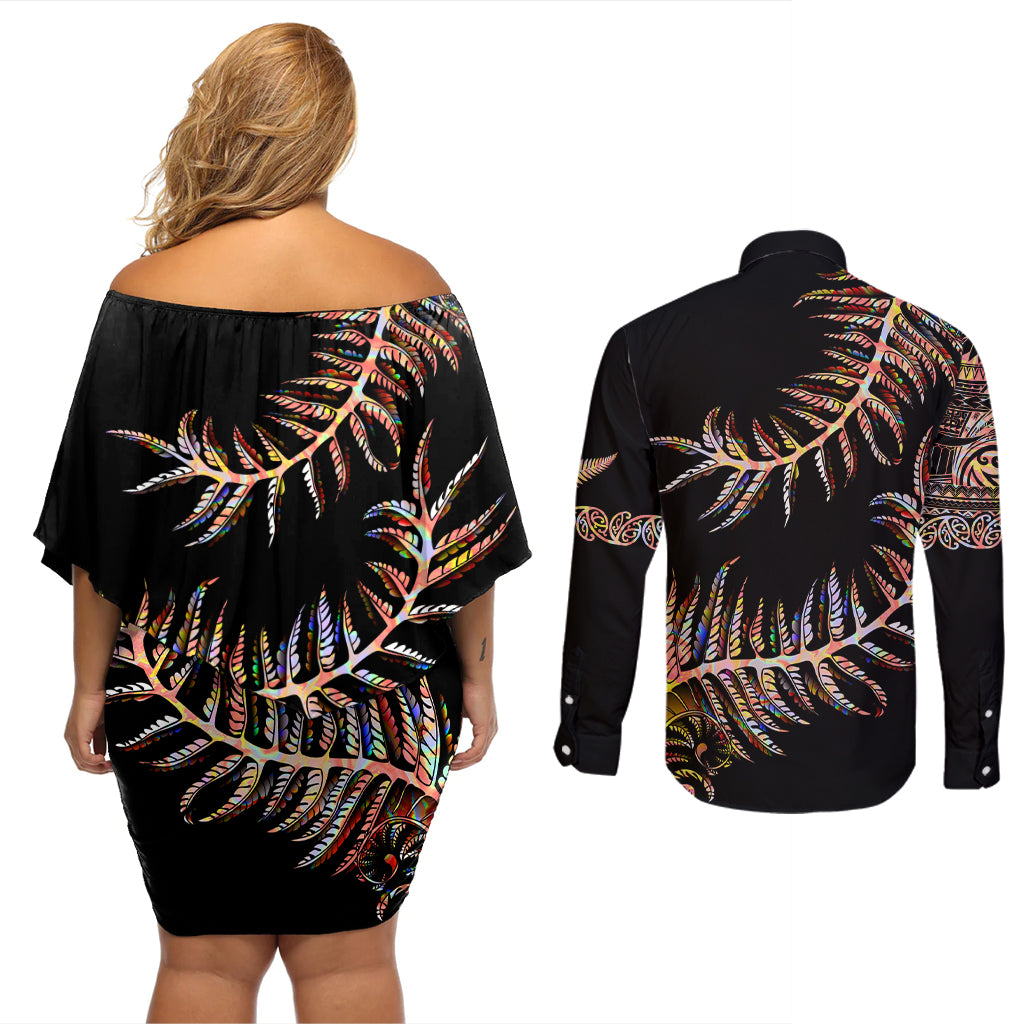 new-zealand-couples-matching-off-shoulder-short-dress-and-long-sleeve-button-shirt-aotearoa-silver-fern-mixed-papua-shell-red-vibe