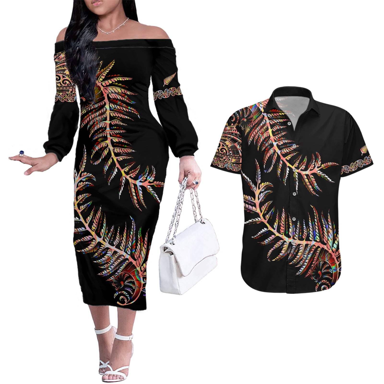 new-zealand-couples-matching-off-the-shoulder-long-sleeve-dress-and-hawaiian-shirt-aotearoa-silver-fern-mixed-papua-shell-red-vibe