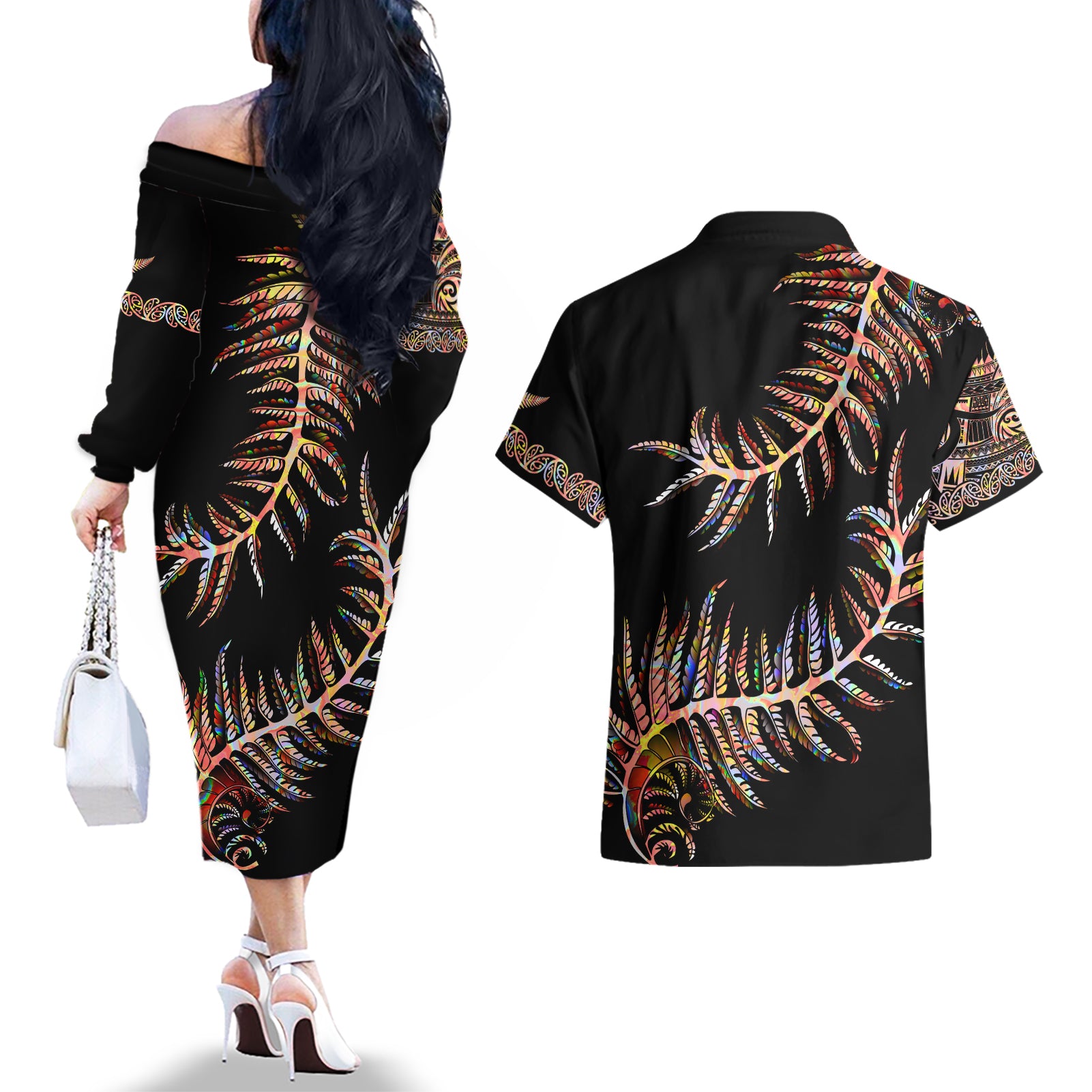 new-zealand-couples-matching-off-the-shoulder-long-sleeve-dress-and-hawaiian-shirt-aotearoa-silver-fern-mixed-papua-shell-red-vibe