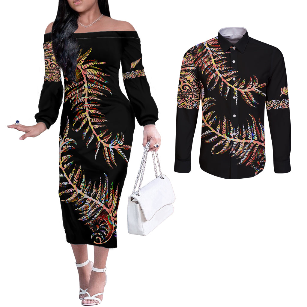 new-zealand-couples-matching-off-the-shoulder-long-sleeve-dress-and-long-sleeve-button-shirt-aotearoa-silver-fern-mixed-papua-shell-red-vibe